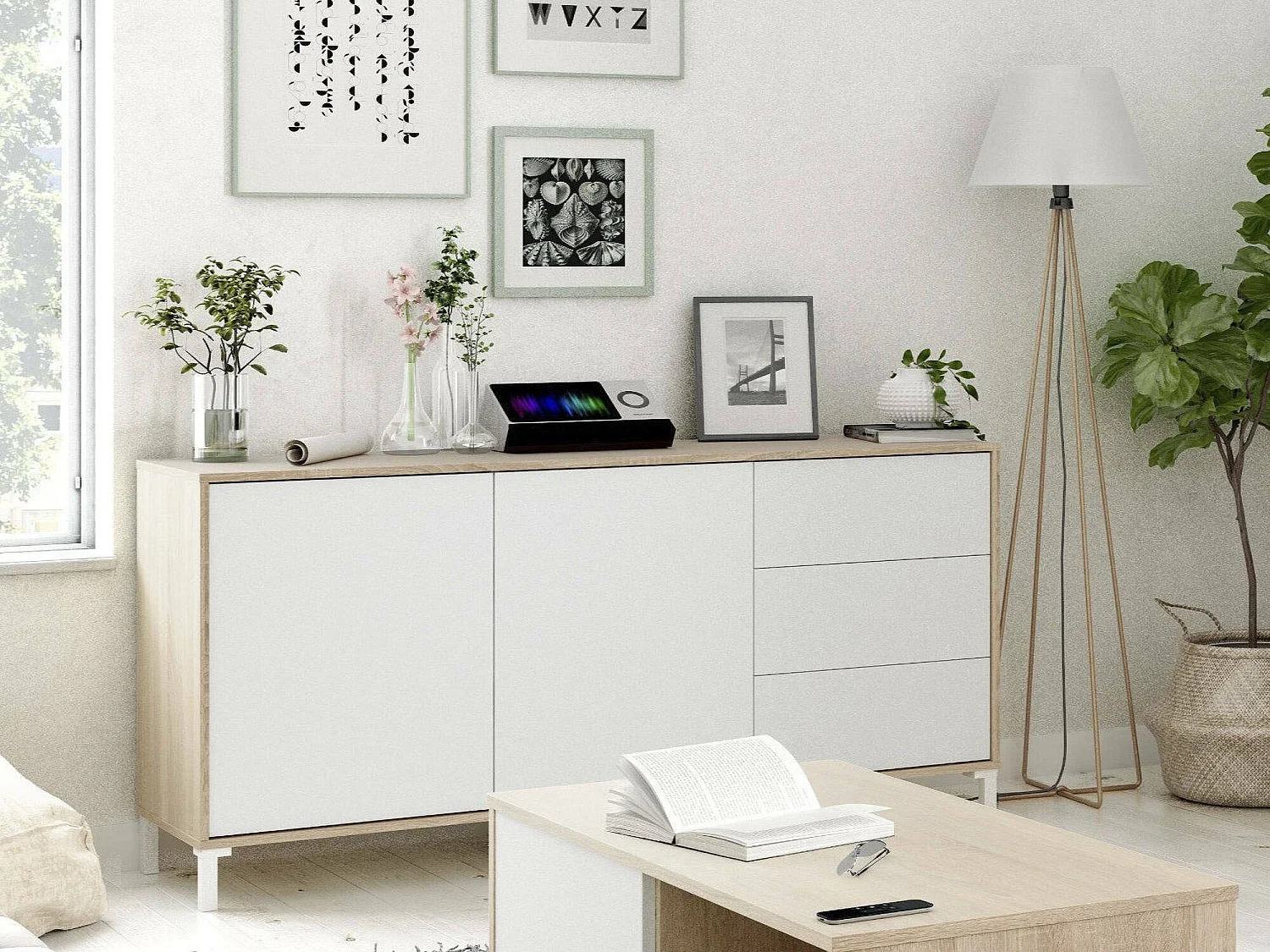 Buffet Dbog, Buffet de salon, Meuble TV, Armoire de salon, Buffet moderne avec 2 portes et 3 tiroirs, 154x41h74 cm, Chêne et Blanc
