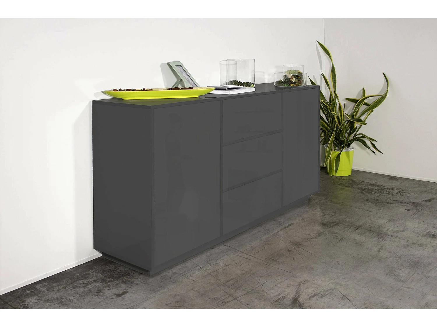 Buffet Dmorac, Buffet de cuisine avec 2 portes et 3 tiroirs, Buffet de salon, 100% Made in Italy, 160x41h86 cm, Anthracite Brillant