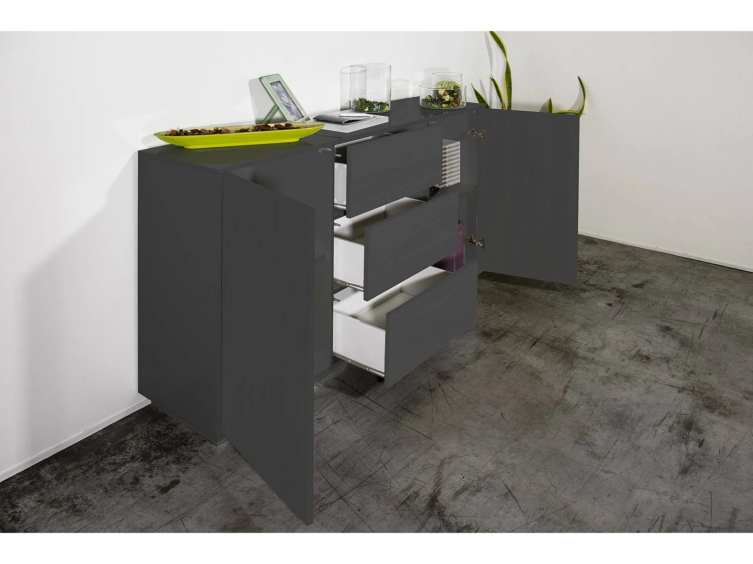 Buffet Dmorac, Buffet de cuisine avec 2 portes et 3 tiroirs, Buffet de salon, 100% Made in Italy, 160x41h86 cm, Anthracite Brillant