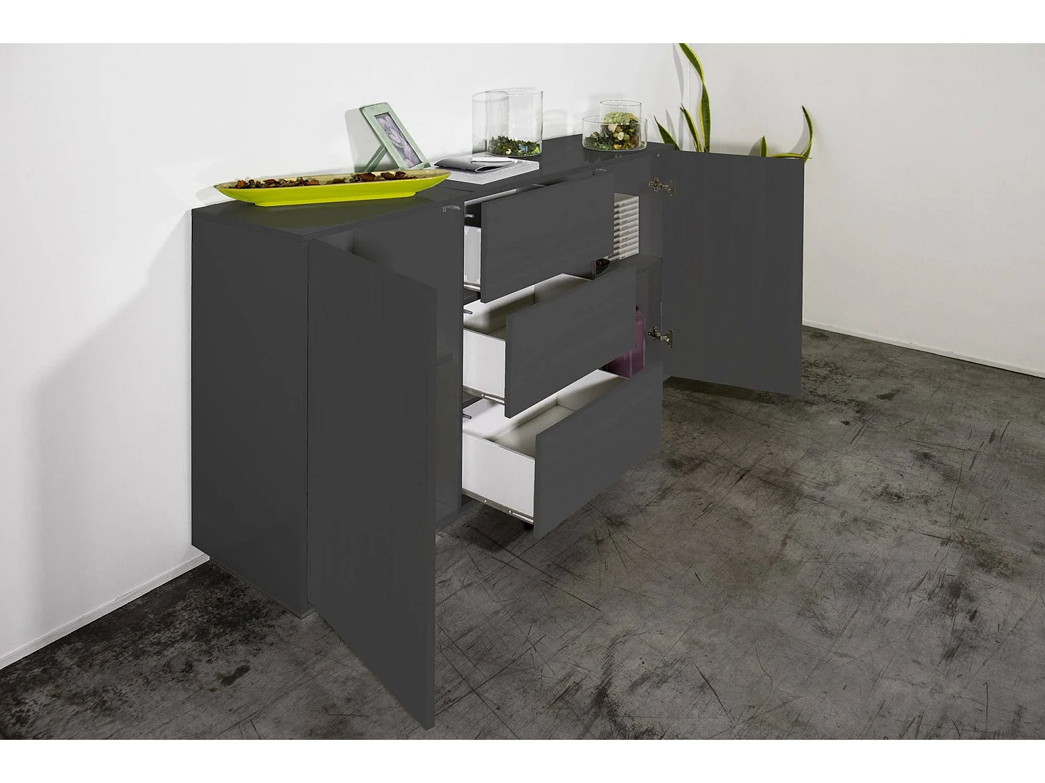 Buffet Dmorac, Buffet de cuisine avec 2 portes et 3 tiroirs, Buffet de salon, 100% Made in Italy, 160x41h86 cm, Anthracite Brillant