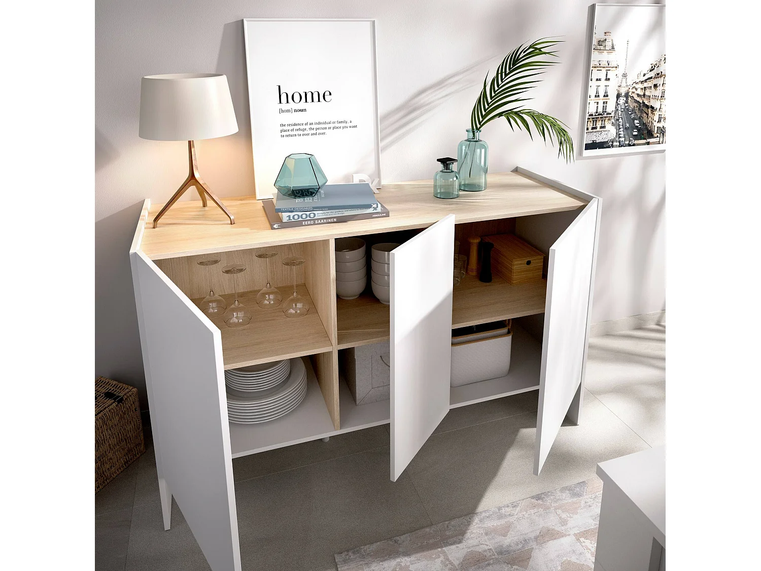 Dariol dressoir, Woonkamerbuffet, Modern woonkamerdressoir met 3 deuren, 138x42h76 cm, Wit en Eiken