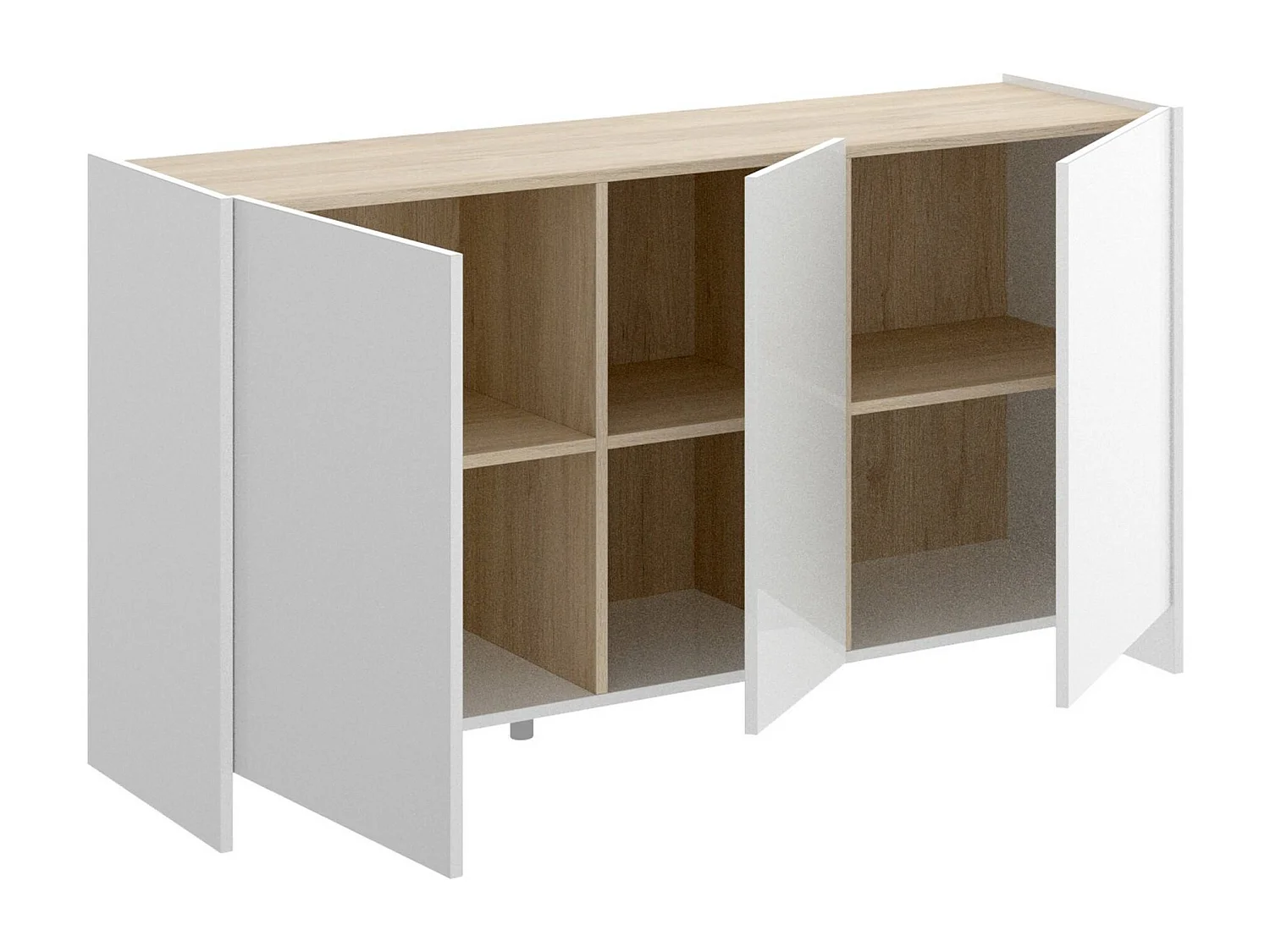 Dariol dressoir, Woonkamerbuffet, Modern woonkamerdressoir met 3 deuren, 138x42h76 cm, Wit en Eiken