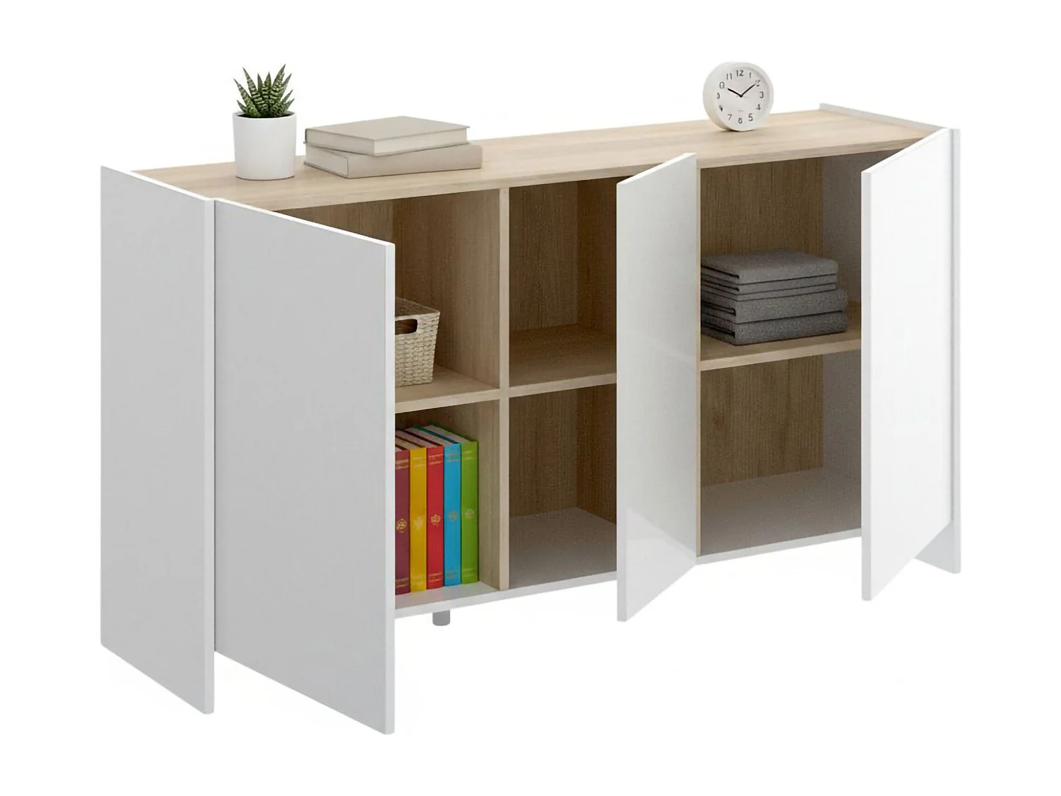 Sideboard Dariol, Buffet für Wohnzimmer, Modernes Sideboard für Wohnzimmer mit 3 Türen, 138x42h76 cm, WeiÃŸ und Eiche