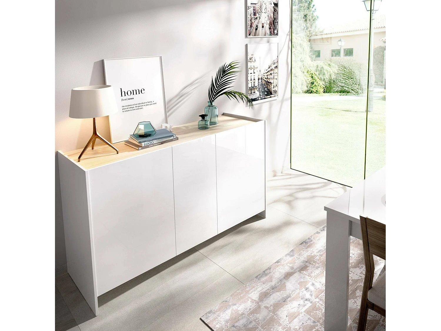 Sideboard Dariol, Buffet für Wohnzimmer, Modernes Sideboard für Wohnzimmer mit 3 Türen, 138x42h76 cm, WeiÃŸ und Eiche