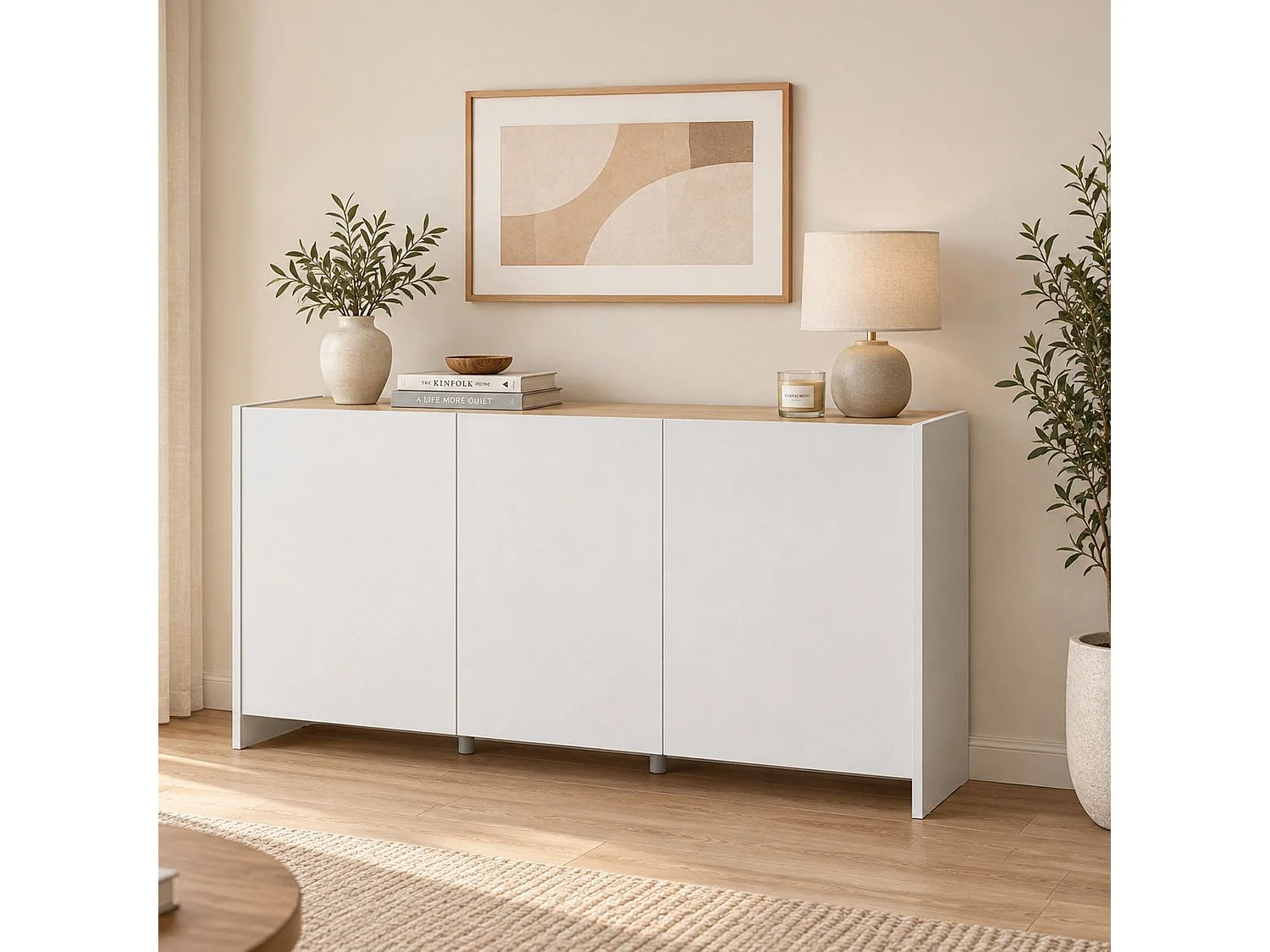 Buffet Dariol, Buffet de salon, Buffet de salon moderne avec 3 portes, 138x42h76 cm, Blanc et Chêne