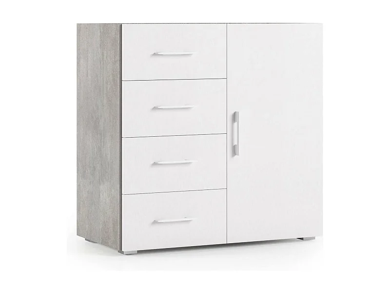 Buffet Dnag, Buffet avec 1 porte et 4 tiroirs, Buffet de salon, Armoire polyvalente avec étagères, 100% Made in Italy, 90x41h87 cm, Blanc et Ciment