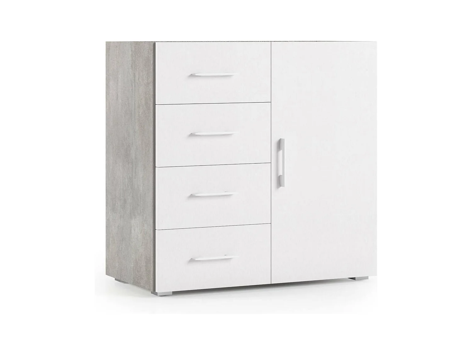 Buffet Dnag, Buffet avec 1 porte et 4 tiroirs, Buffet de salon, Armoire polyvalente avec étagères, 100% Made in Italy, 90x41h87 cm, Blanc et Ciment