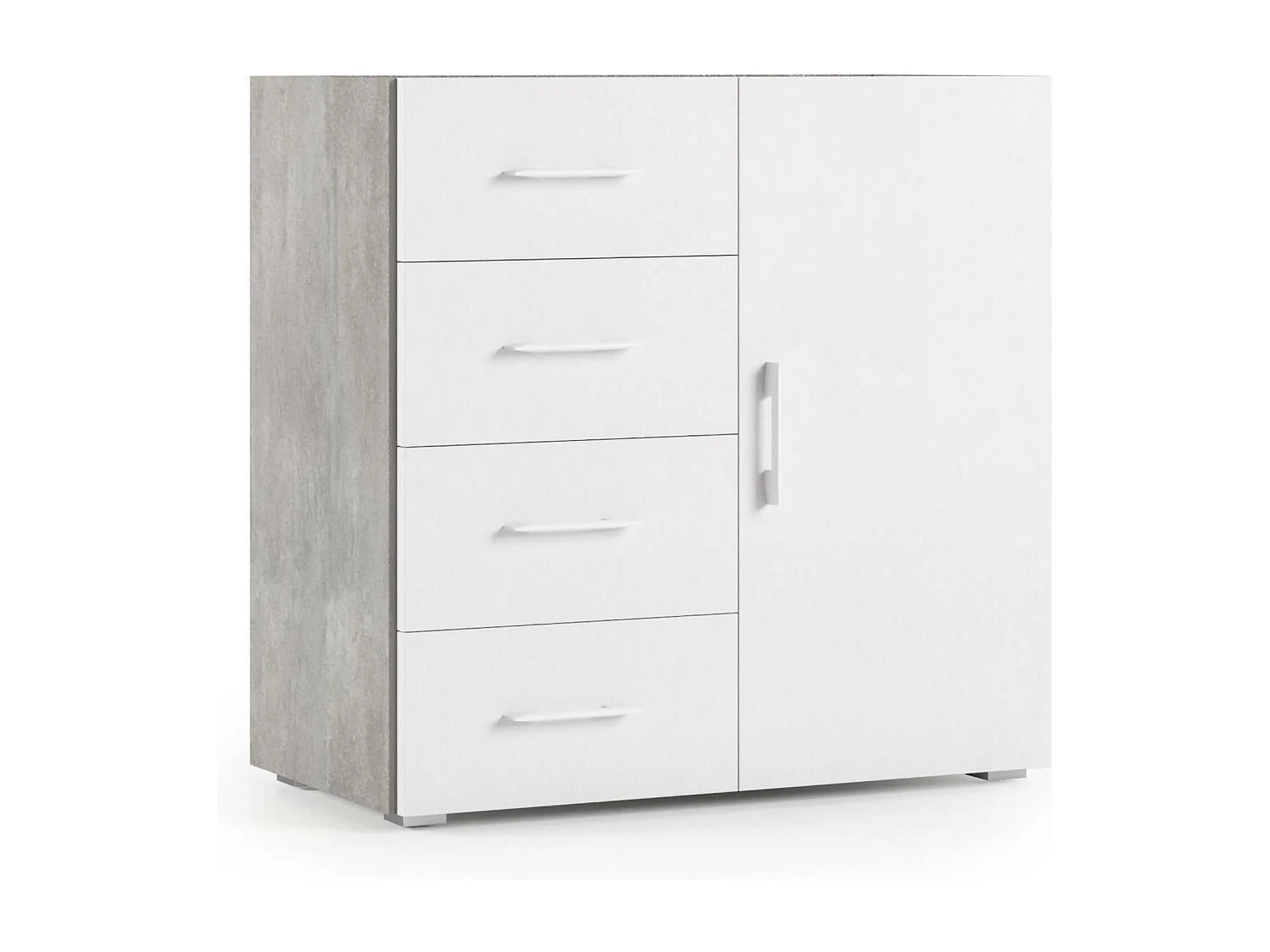 Kommode Dnag, Buffetschrank mit 1 Tür und 4 Schubladen, Wohnzimmer - Sideboard, Mehrzweckschrank mit Regalen, 100% Made in Italy, 90x41h87 cm, Weiß und Beton