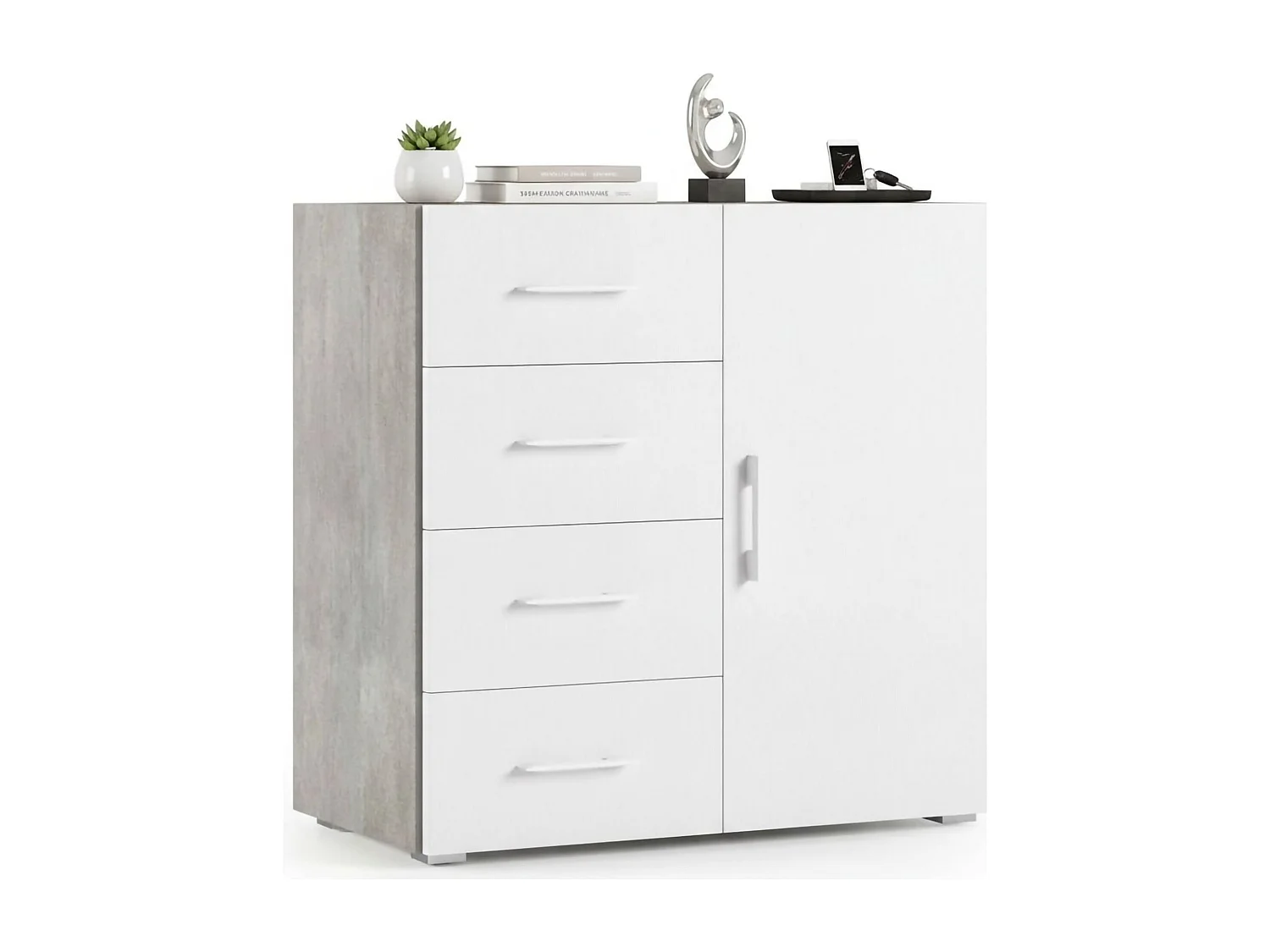 Buffet Dnag, Buffet avec 1 porte et 4 tiroirs, Buffet de salon, Armoire polyvalente avec étagères, 100% Made in Italy, 90x41h87 cm, Blanc et Ciment