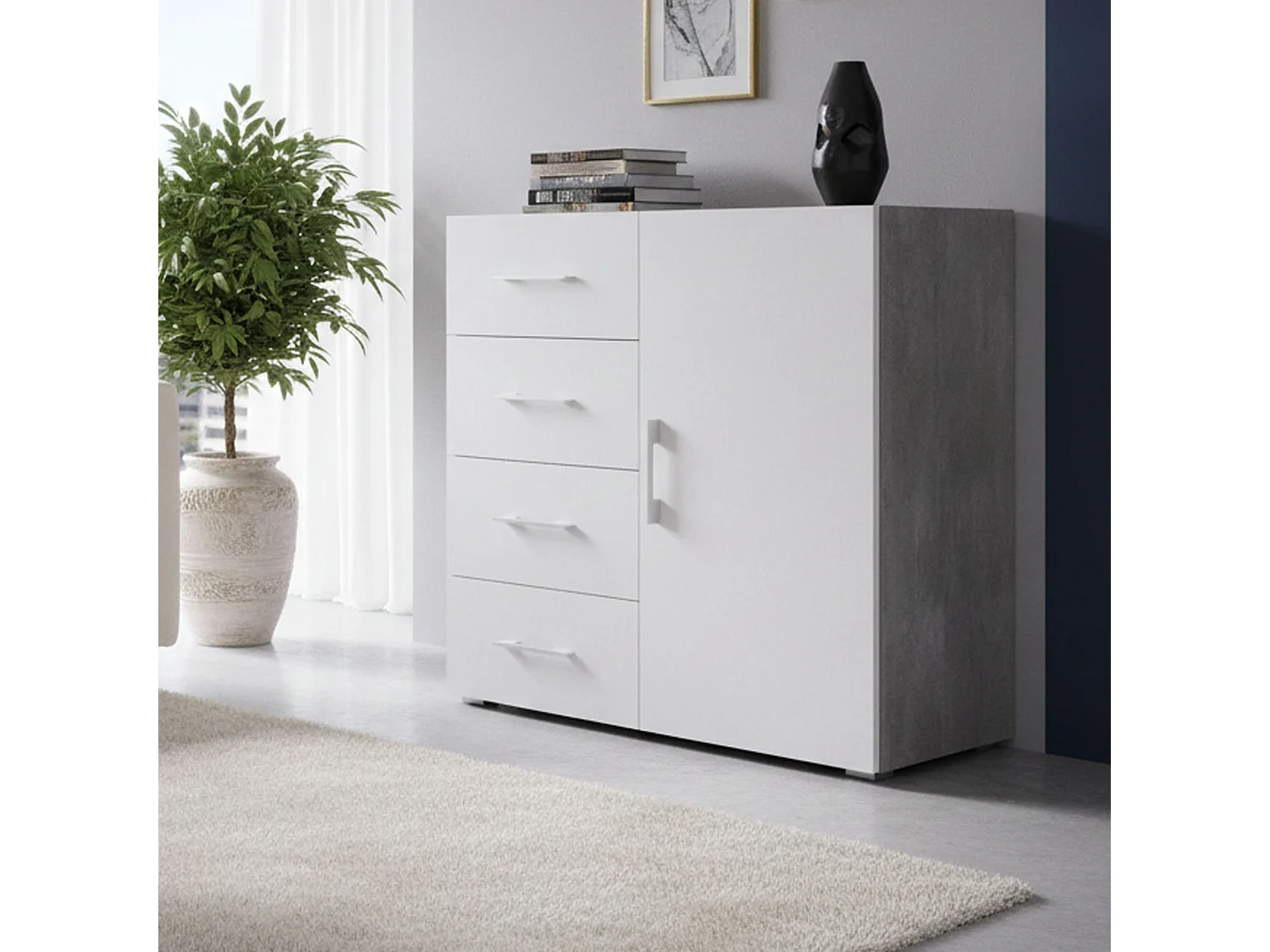 Dnag dressoir, Buffetkast met 1 deur en 4 laden, Woonkamerdressoir, Multifunctionele kast met planken, 100% Made in Italy, 90x41h87 cm, Wit en Cement