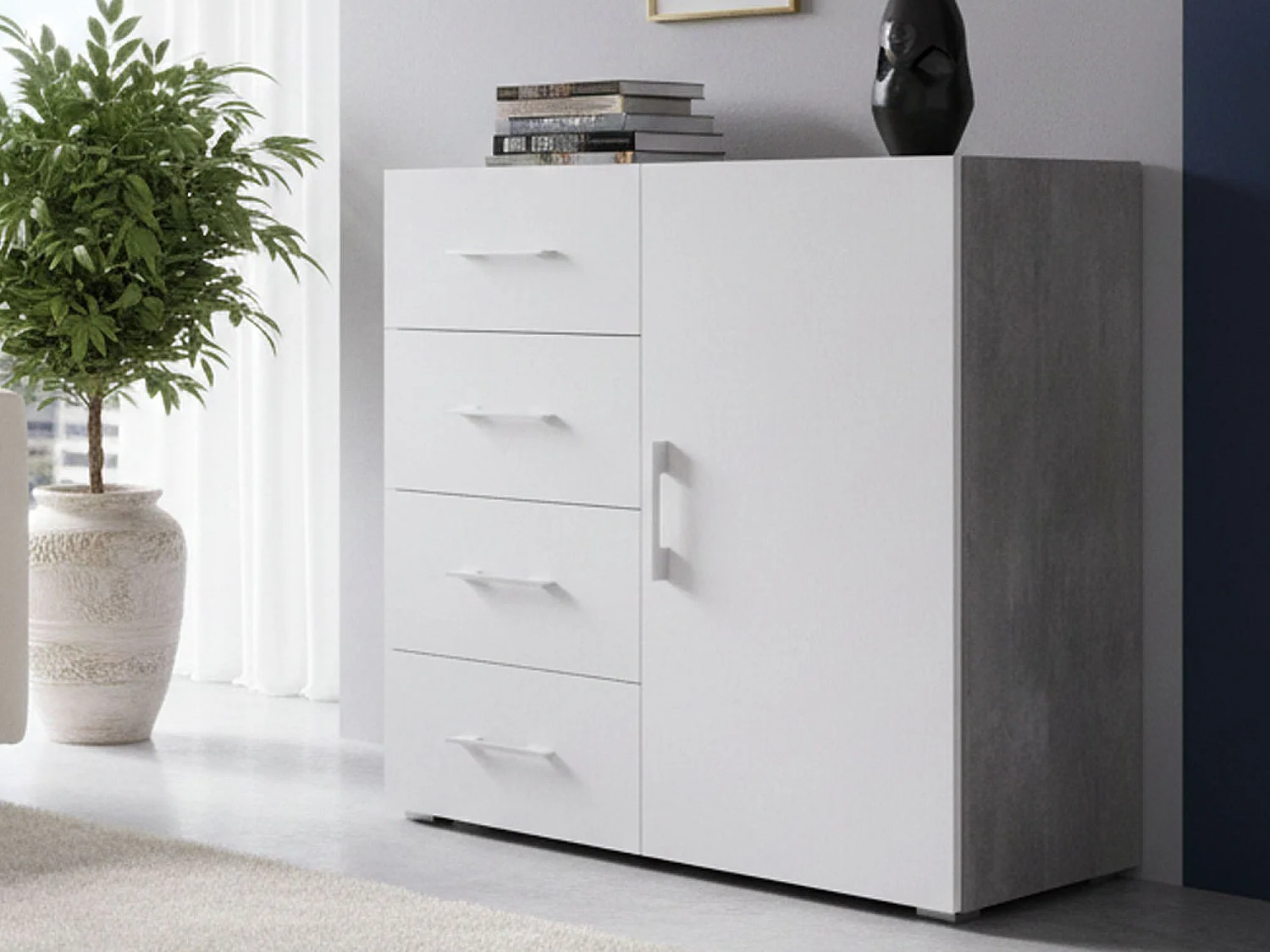 Buffet Dnag, Buffet avec 1 porte et 4 tiroirs, Buffet de salon, Armoire polyvalente avec étagères, 100% Made in Italy, 90x41h87 cm, Blanc et Ciment