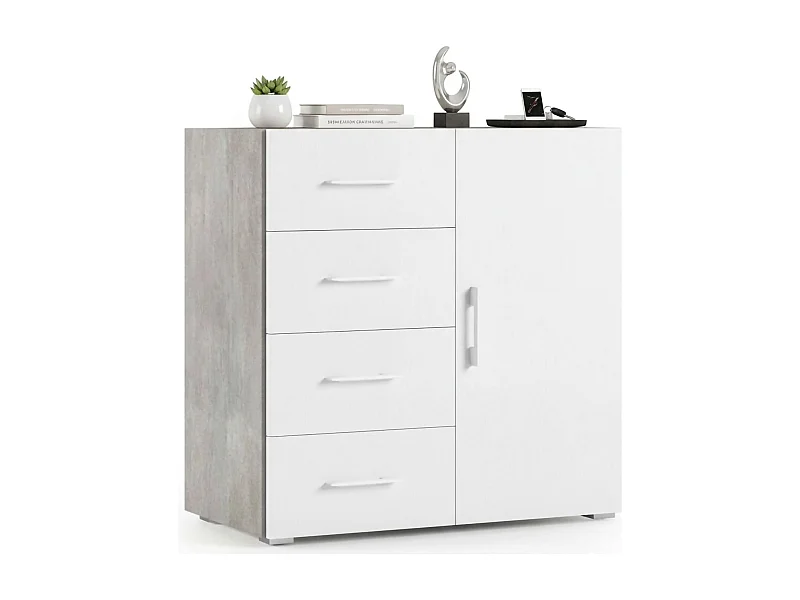 Buffet Dnag, Buffet avec 1 porte et 4 tiroirs, Buffet de salon, Armoire polyvalente avec étagères, 100% Made in Italy, 90x41h87 cm, Blanc et Ciment