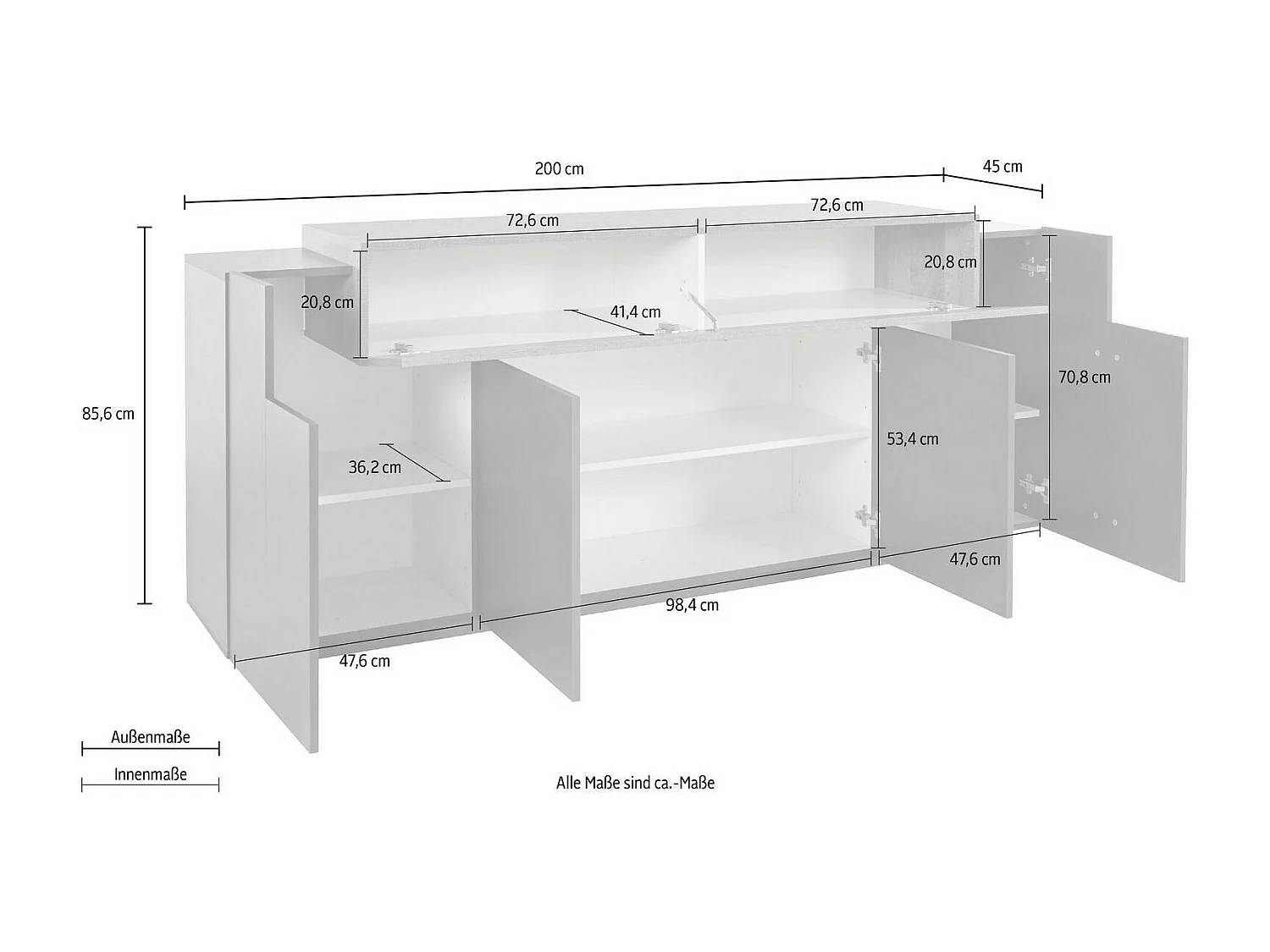 Buffet Dgerl, Buffet de cuisine 4 portes, Buffet de salon, 100% Made in Italy, 220x45h86 cm, Anthracite et Érable