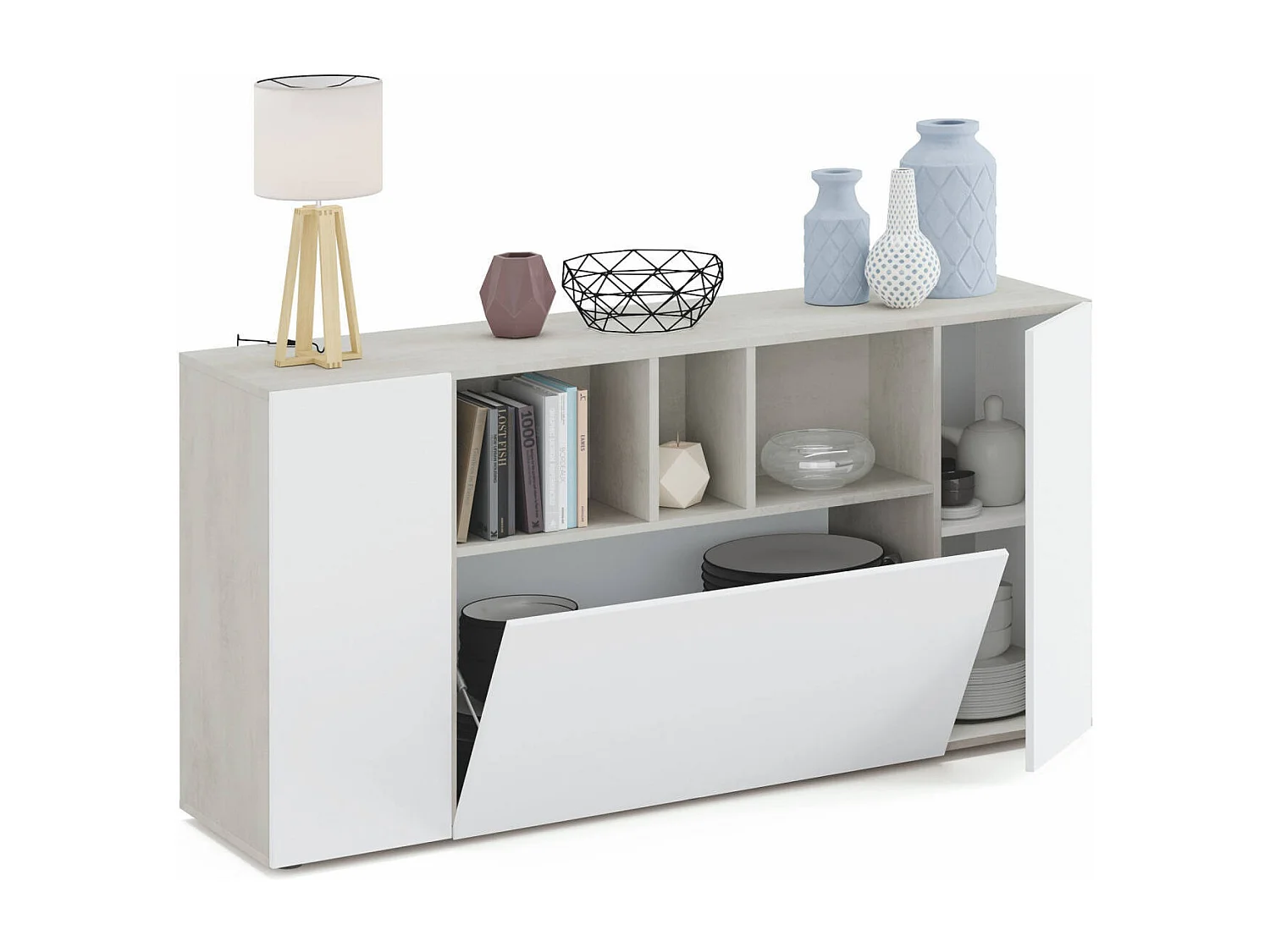 Buffet Dlop, Buffet de salon avec compartiments, Buffet de salon, Meuble TV, Armoire moderne avec 3 portes, 150x41h76 cm, Blanc et Ciment