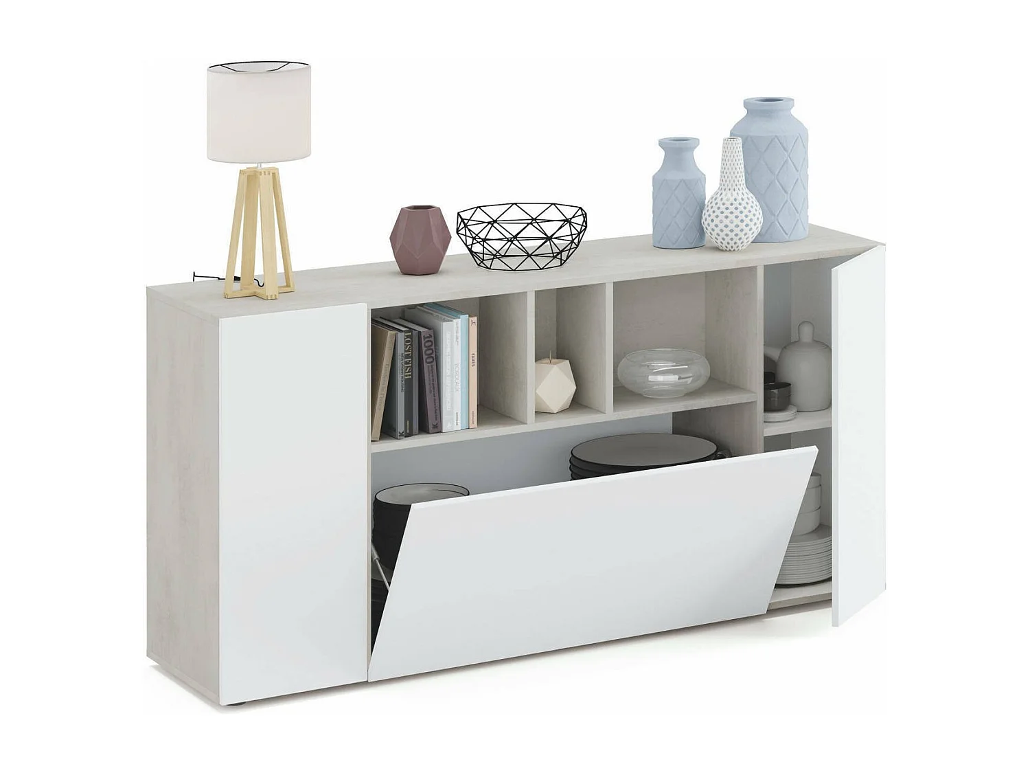 Aparador Dlop, Aparador moderno com 3 portas, Buffet de sala com compartimentos, Aparador de sala, móvel de TV, 150x41h76 cm, Branco e Cimento