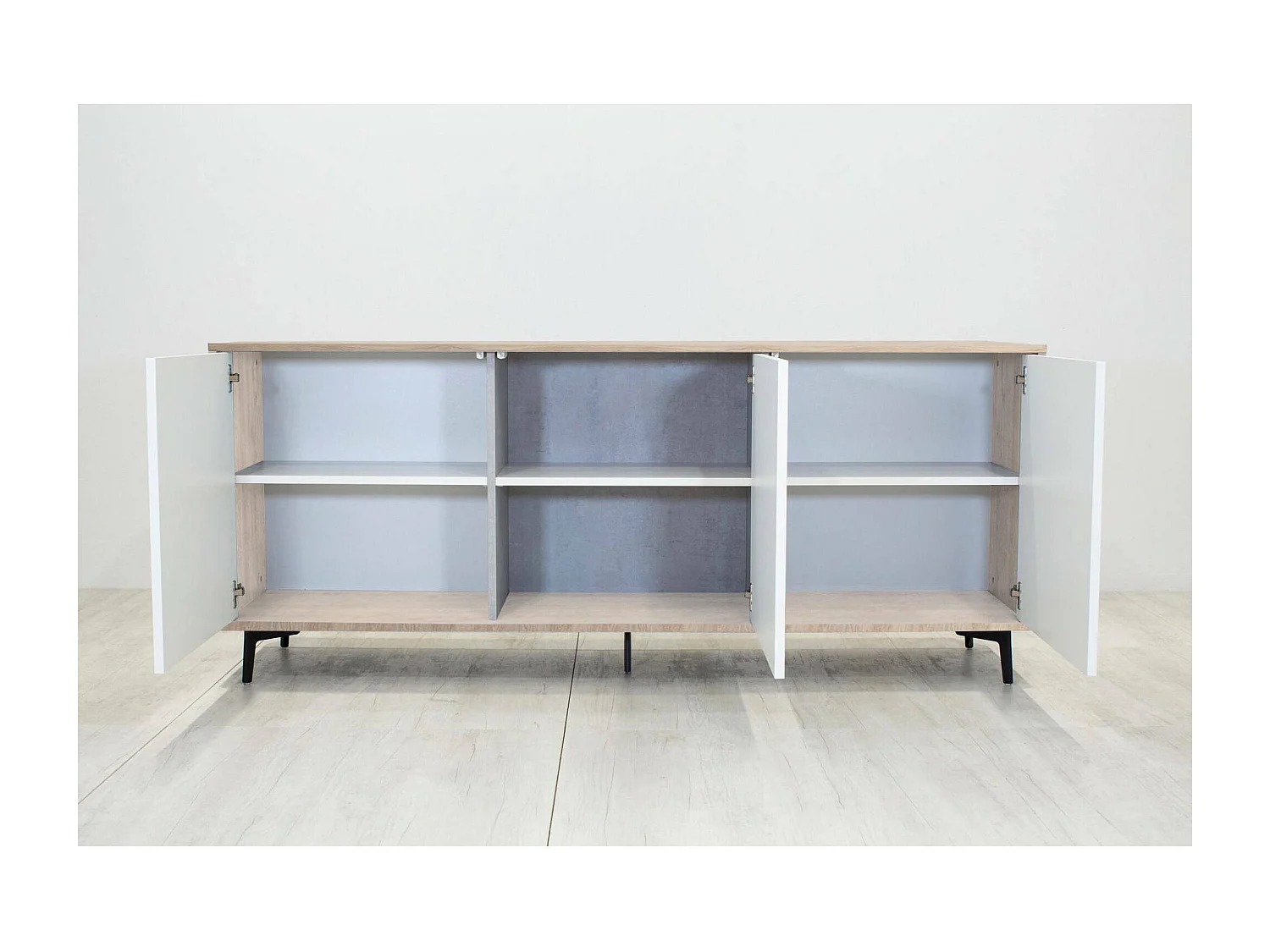 Buffet Ddemm, Buffet avec 3 portes et 1 étagère réglable, Buffet de salon élégant, Meuble TV, 100% Made in Italy, 184x45h77 cm, Blanc et Chêne