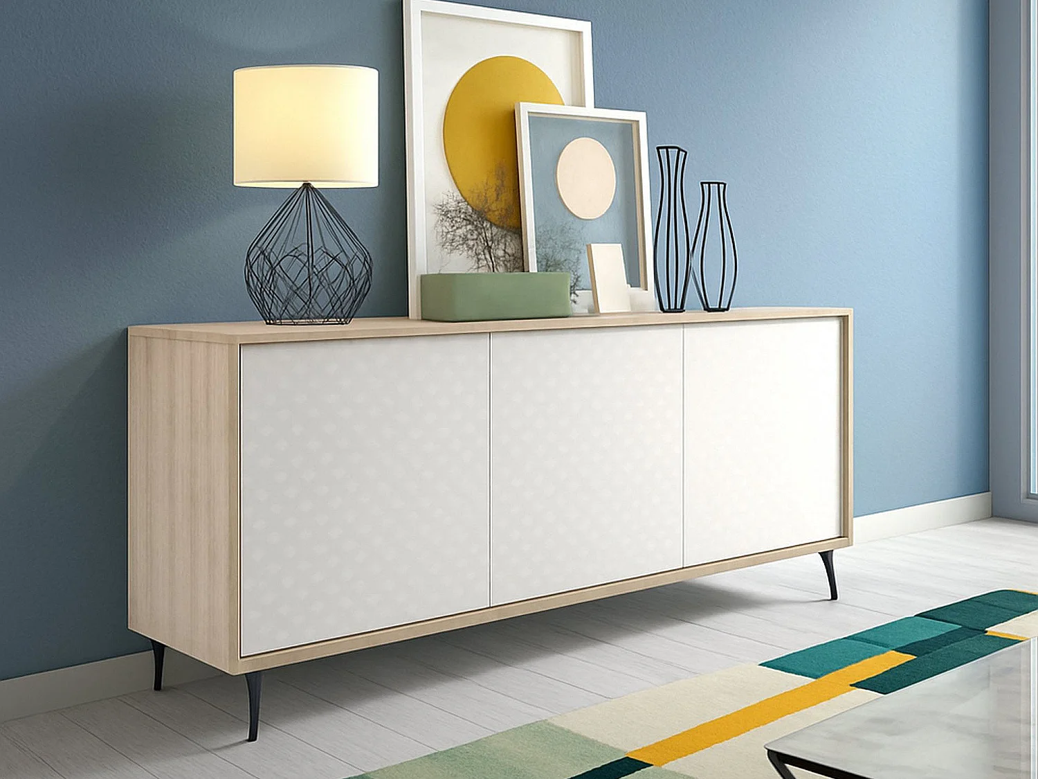 Buffet Ddemm, Buffet avec 3 portes et 1 étagère réglable, Buffet de salon élégant, Meuble TV, 100% Made in Italy, 184x45h77 cm, Blanc et Chêne