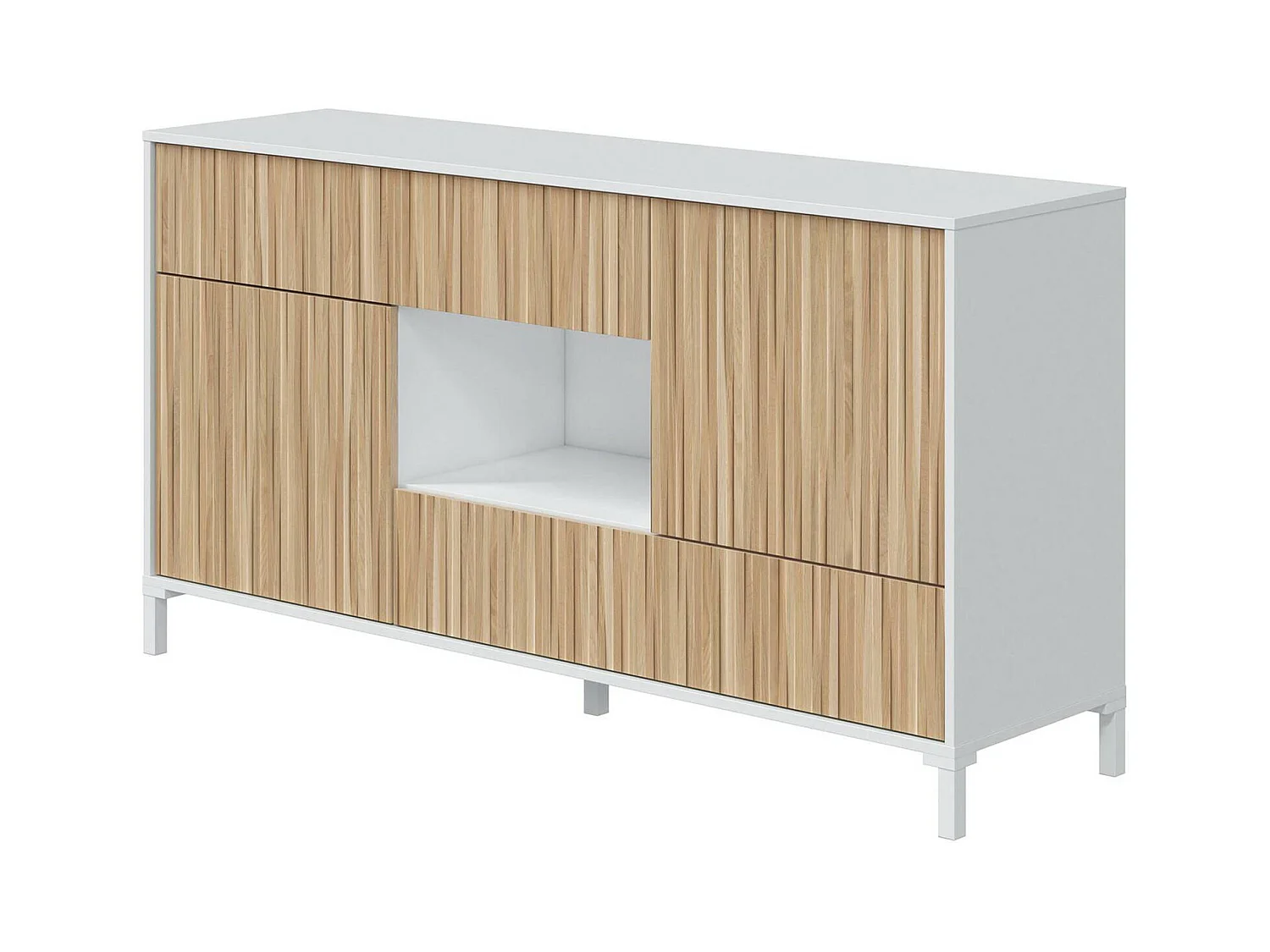 Buffet Dobian, Armoire moderne, Buffet de salon avec 2 portes et 2 tiroirs, Buffet de salon, 151x41h80 cm, Chêne et Blanc Brillant