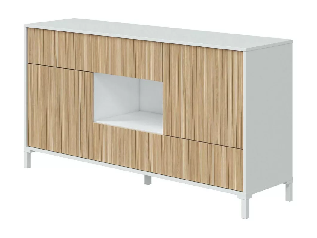 Kauf Unique Sideboard Dobian, Wohnzimmer-Buffet mit 2 Türen und 2 Schubladen, Sideboard für Wohnzimmer, modernes Sideboard, 151x41h80 cm, Eiche und glänzendes Weiß