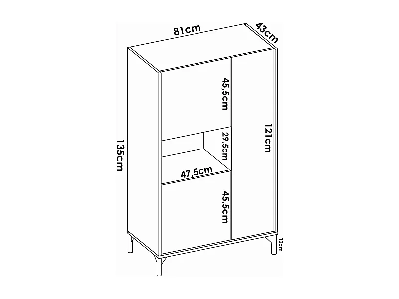 Buffet Damraba, Buffet de salon haut, Buffet de salon moderne avec 3 portes, 81x43h135 cm, Chêne et Anthracite