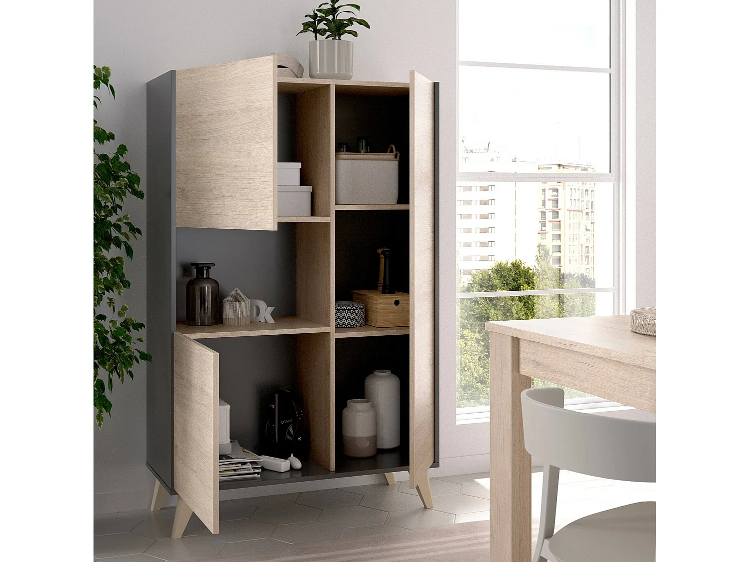 Buffet Damraba, Buffet de salon haut, Buffet de salon moderne avec 3 portes, 81x43h135 cm, Chêne et Anthracite