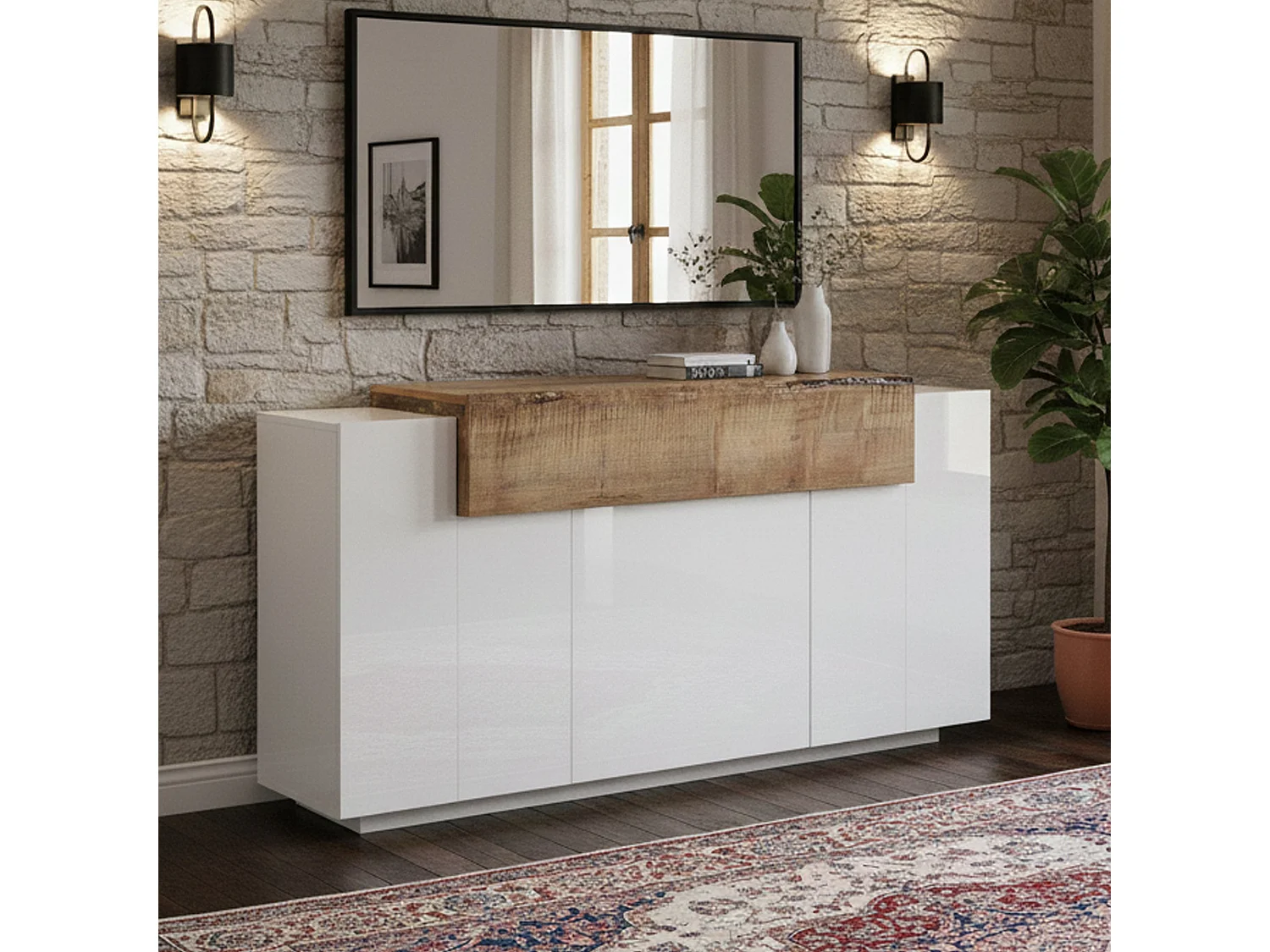 Buffet Dmem, Buffet de cuisine 3 portes, Buffet de salon, 100% Made in Italy, 160x45h86 cm, Blanc brillant et érable