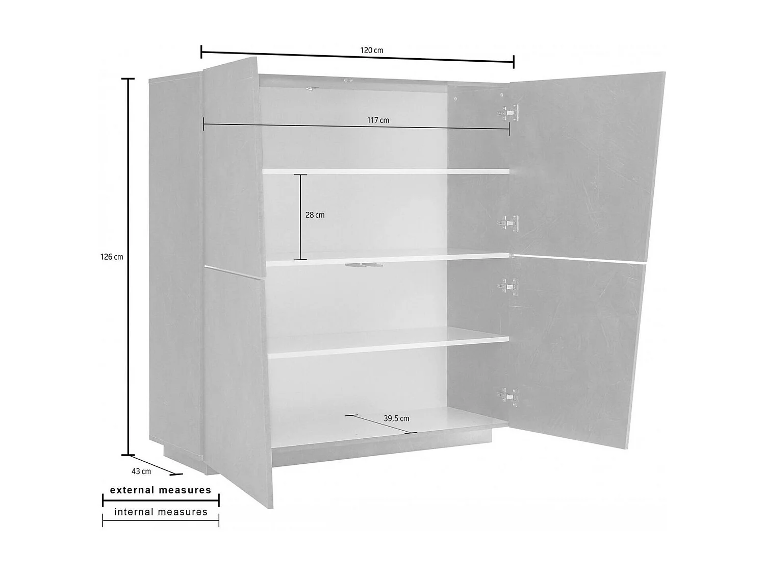 Aparador Dlorier, Aparador de cozinha com 4 portas, Buffet de sala, 100% Fabricado na Itália, 120x43h126 cm, Ardósia