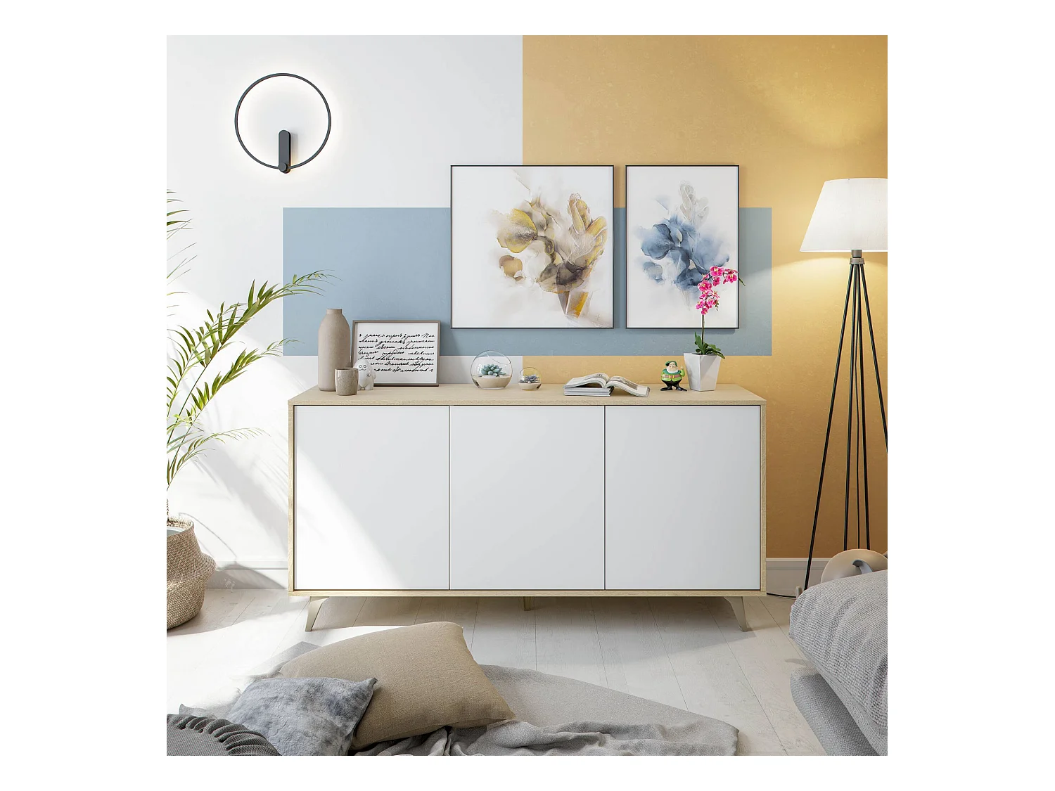 Dmora - Credenza Acrolorum, 154x40h75 cm, Rovere e Bianco