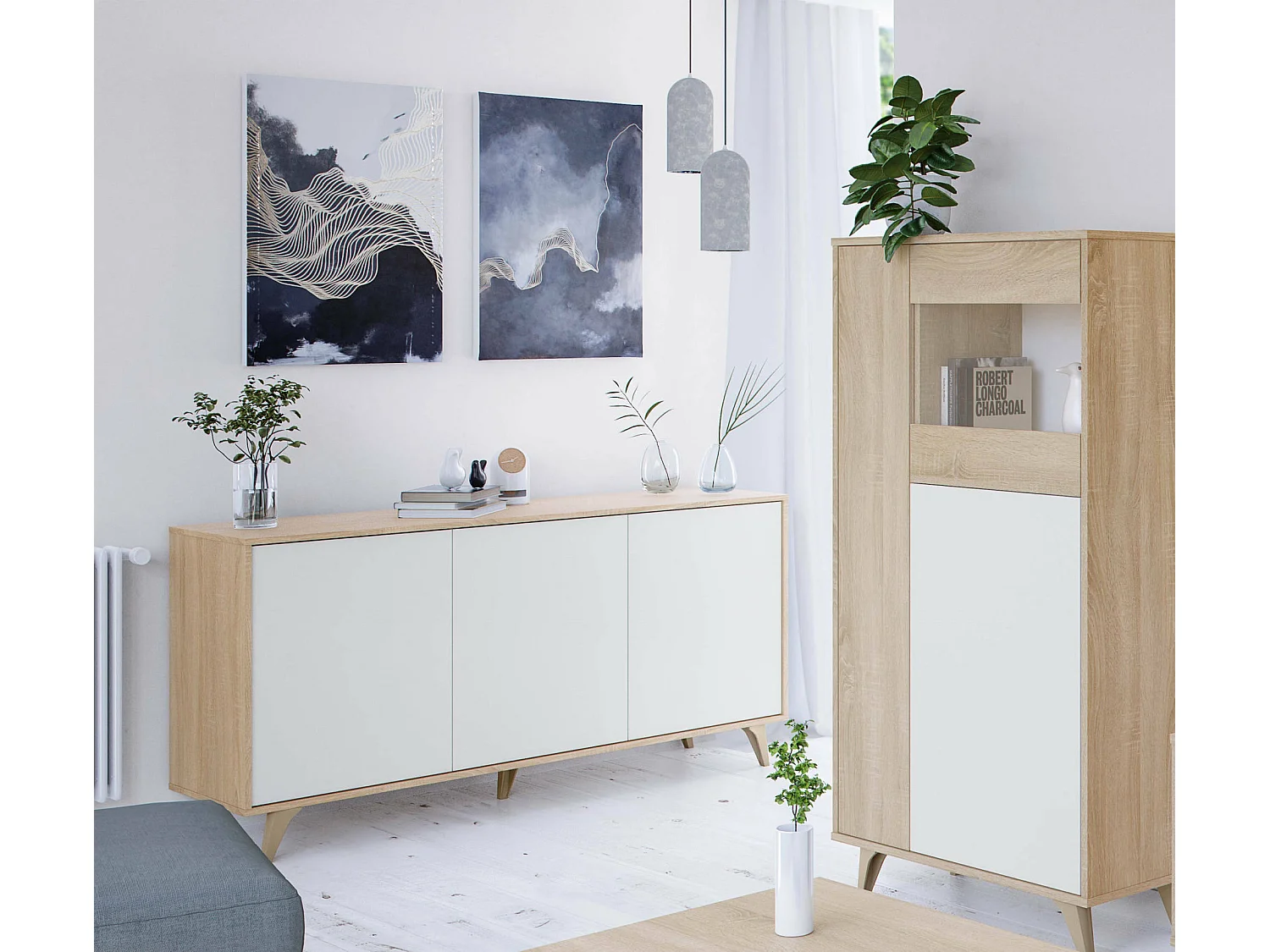 Buffet Dabello, Buffet de cuisine, Armoire design de salon, Buffet moderne avec 3 portes et étagères, 154x40h75 cm, Chêne et Blanc