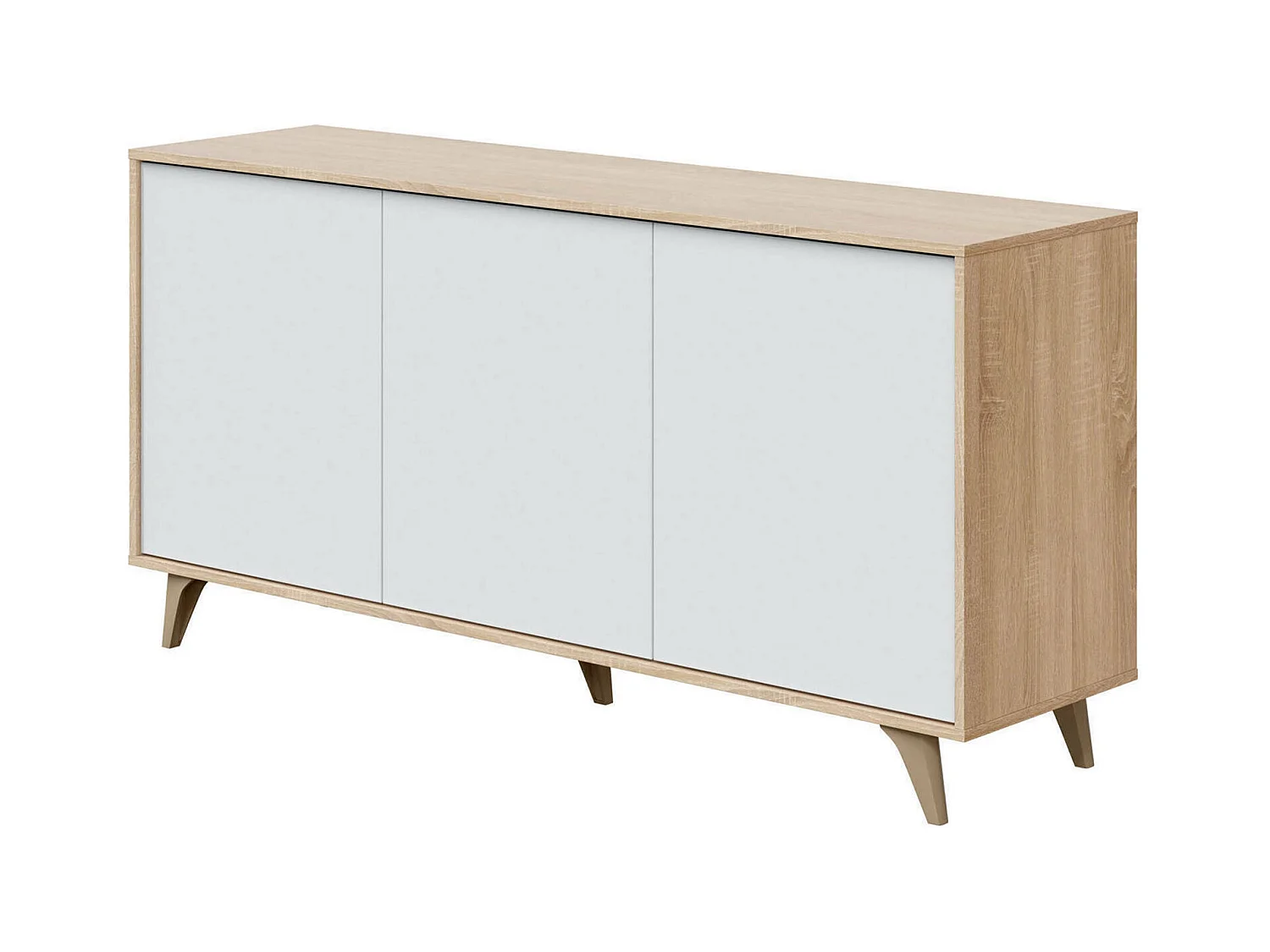 Buffet Dabello, Buffet de cuisine, Armoire design de salon, Buffet moderne avec 3 portes et étagères, 154x40h75 cm, Chêne et Blanc