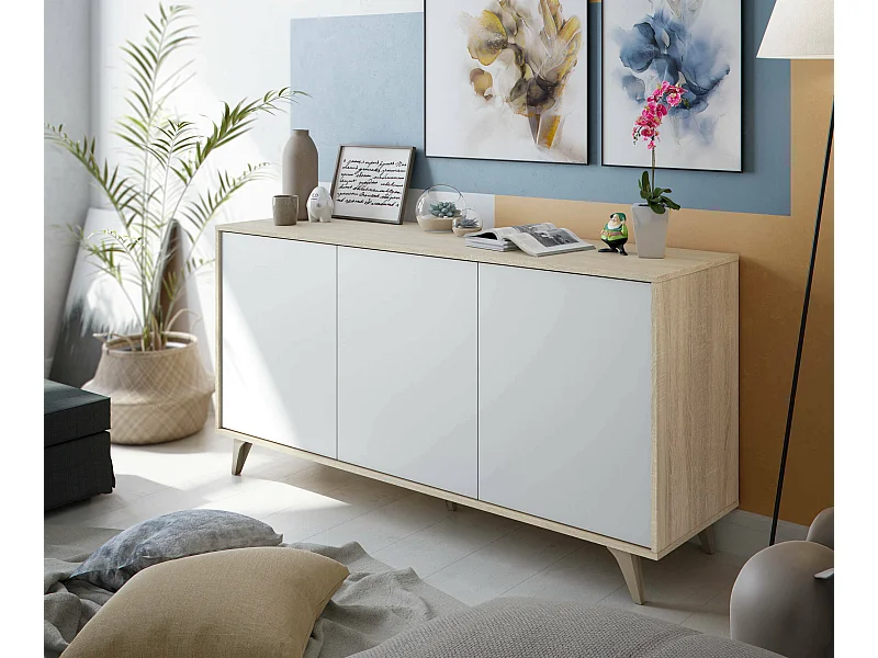 Aparador Dabello, Aparador moderno com 3 portas e prateleiras, Buffet de cozinha, Buffet de sala de estar, 154x40h75 cm, Carvalho e Branco