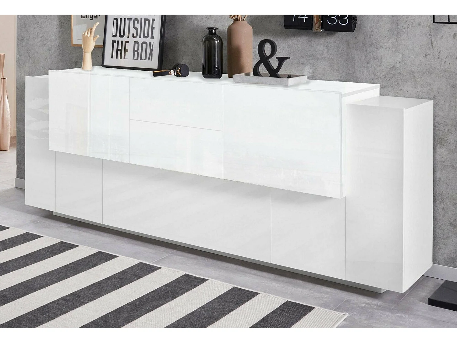 Dmora - Credenza Akirum, cm 220x45h86, Bianco lucido