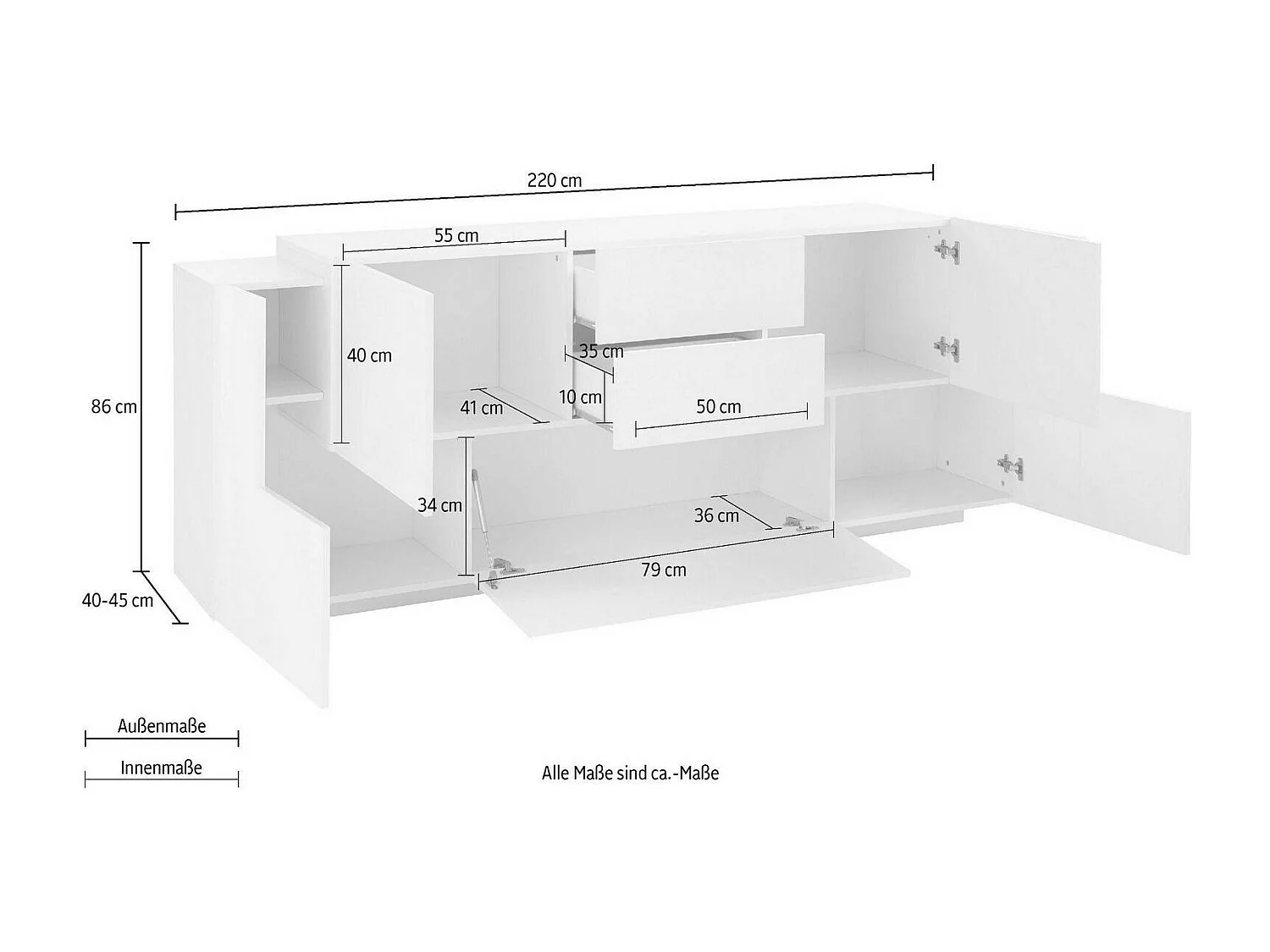 Dmora - Credenza Akirum, cm 220x45h86, Bianco lucido