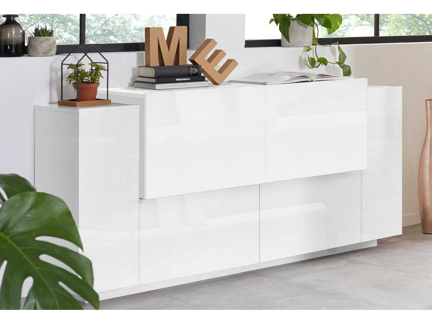 Aparador Dlenz, Aparador de cozinha com 2 portas e 2 gavetas, Buffet de sala, 100% Fabricado na Itália, 160x45h86 cm, Branco brilhante