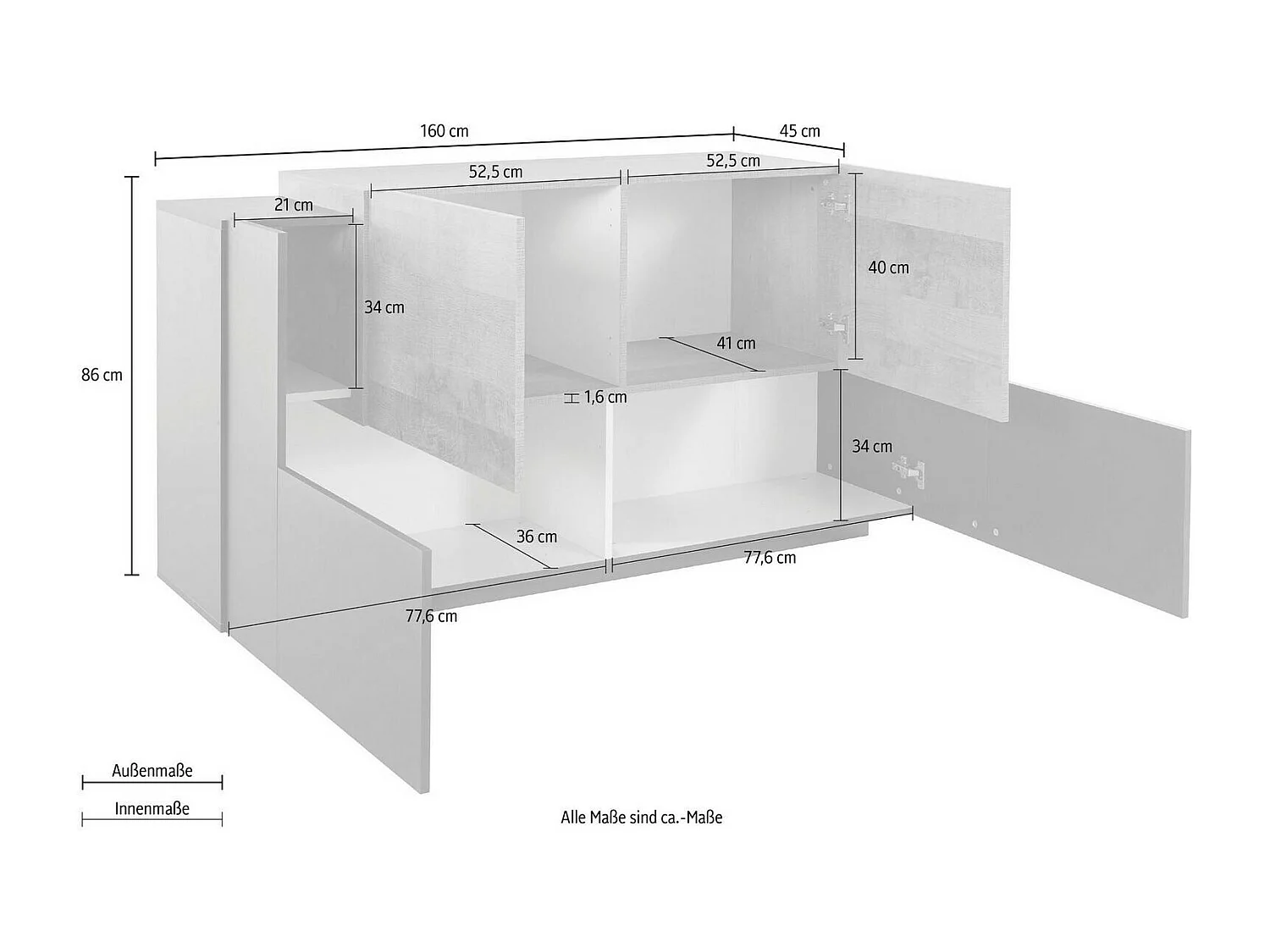 Aparador Dlenz, Aparador de cozinha com 2 portas e 2 gavetas, Buffet de sala, 100% Fabricado na Itália, 160x45h86 cm, Branco brilhante