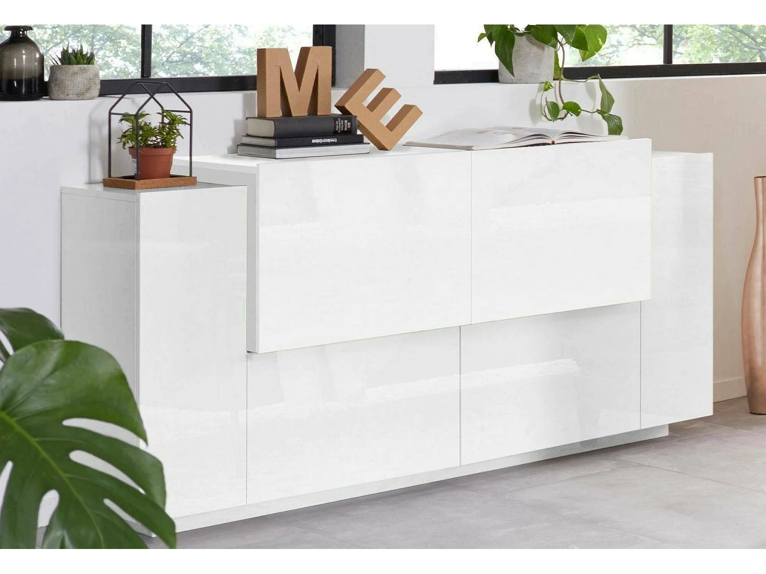 Aparador Dlenz, Aparador de cozinha com 2 portas e 2 gavetas, Buffet de sala, 100% Fabricado na Itália, 160x45h86 cm, Branco brilhante