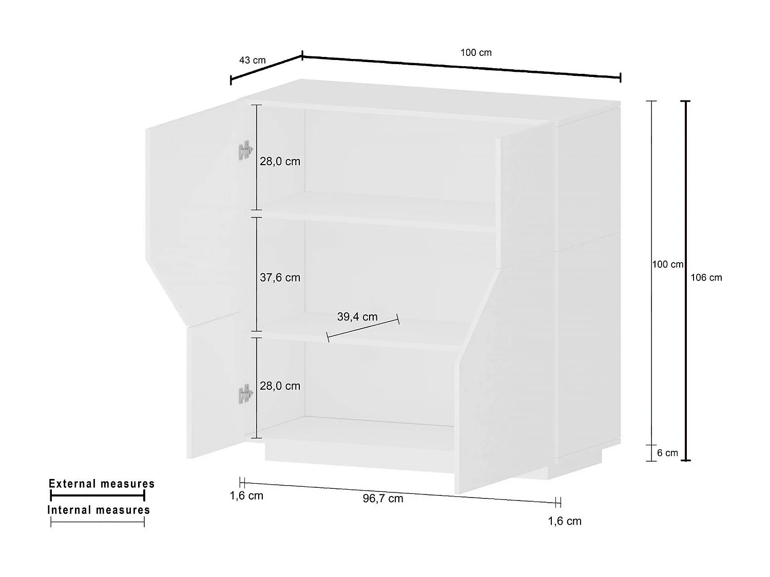 Buffet Dkoud, Buffet de cuisine avec 2 portes, Buffet de salon, 100% Made in Italy, 100x43h106 cm, Blanc brillant et Érable