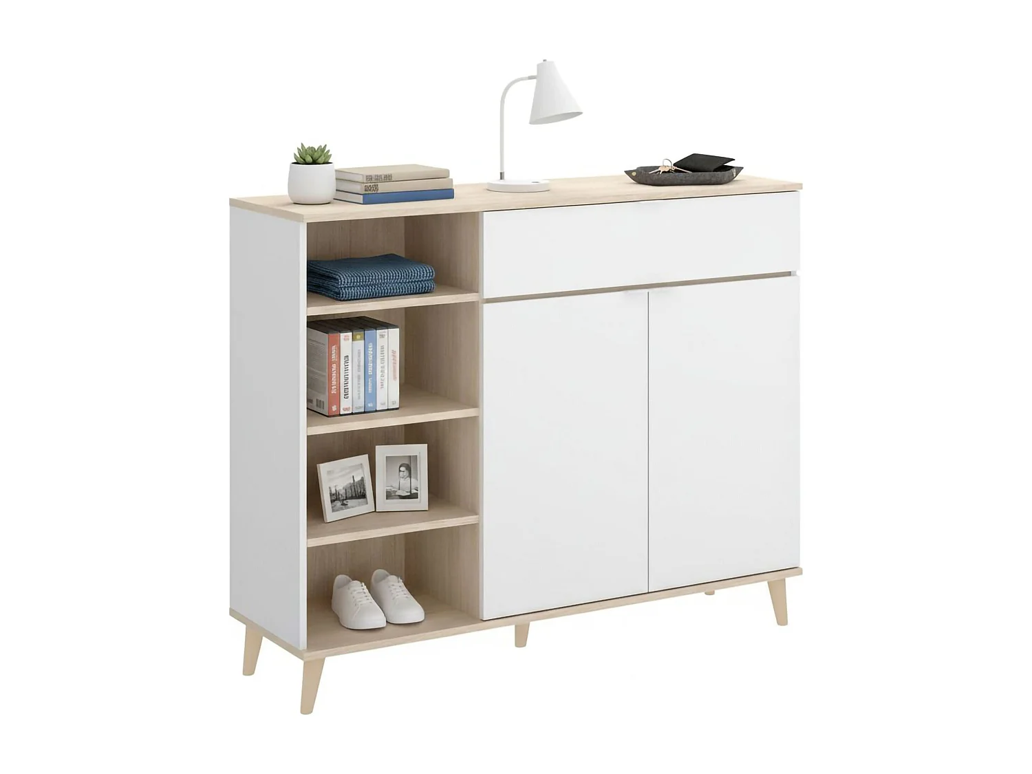 Buffet Dmezzon, Buffet garde-manger de salon, Buffet de salon moderne avec 2 portes, 120x40h102 cm, Blanc et Chêne