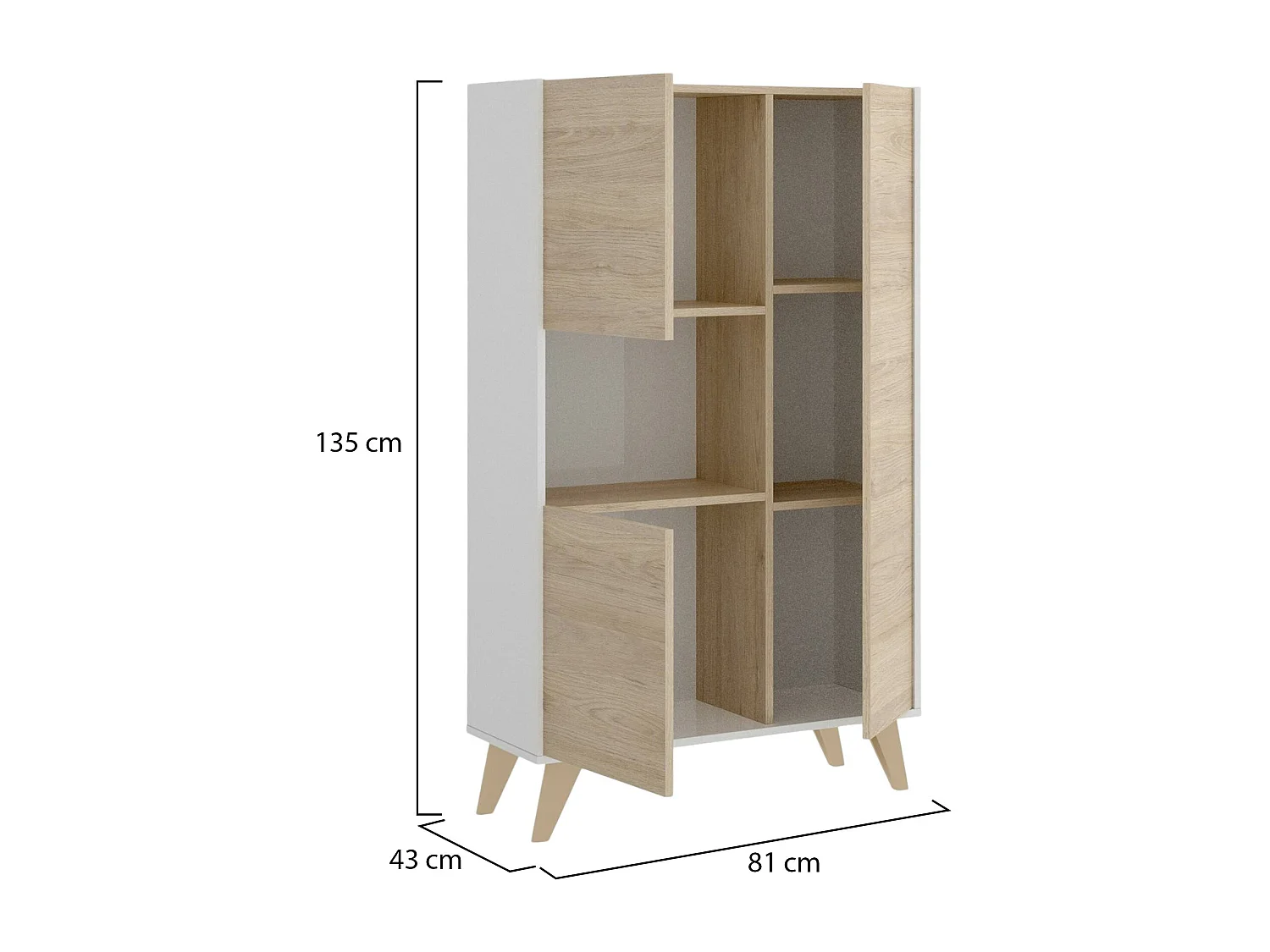 Buffet Damraba, Buffet de salon haut, Buffet de salon moderne avec 3 portes, 81x43h135 cm, Chêne et Blanc