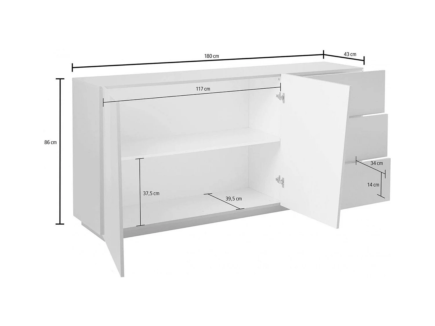Dfogli dressoir, Keukendressoir met 2 deuren en 3 laden, Woonkamerbuffet, 100% Made in Italy, 180x43h86 cm, Glanzend wit