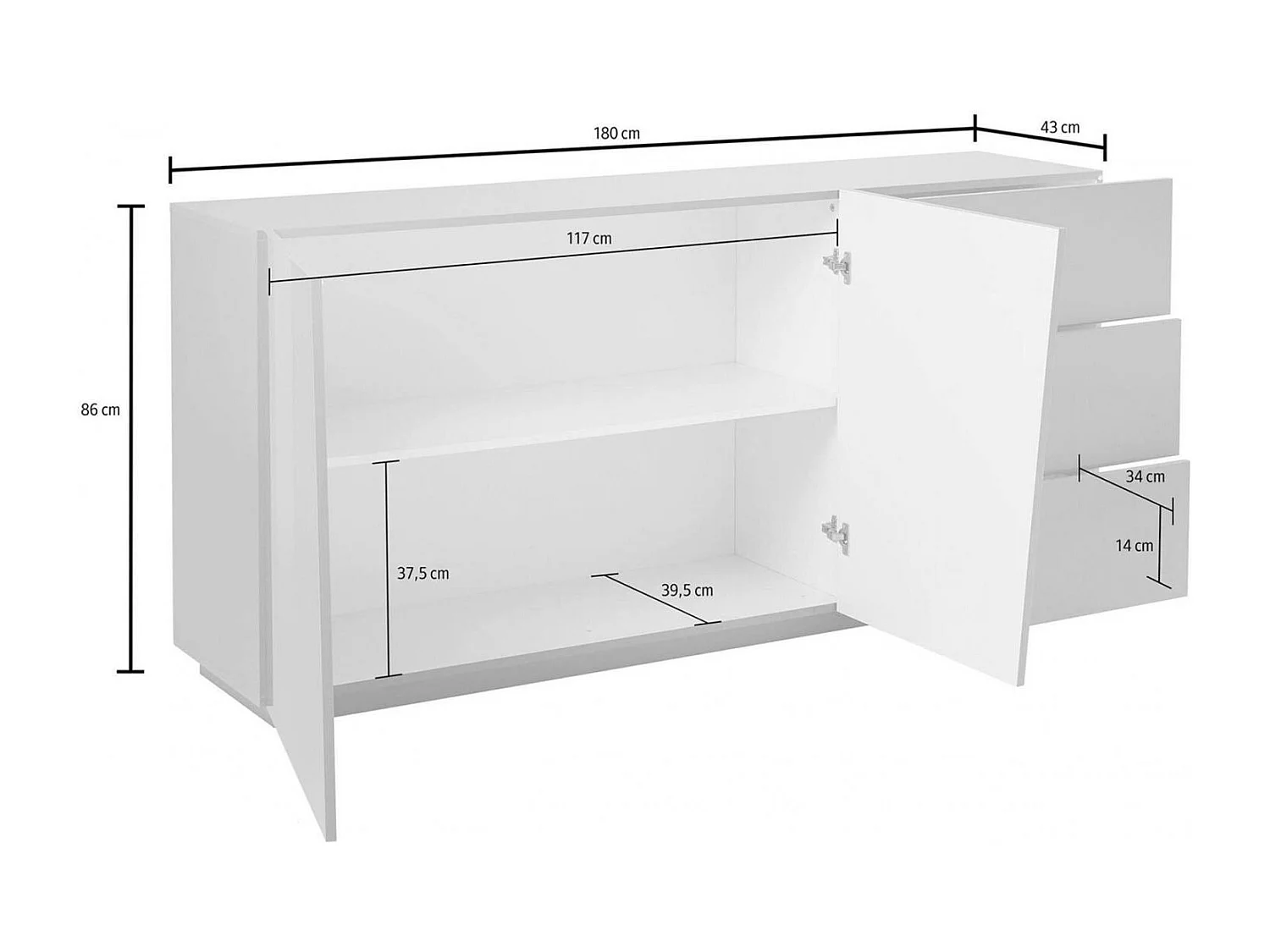 Aparador Dfogli, Aparador de cozinha com 2 portas e 3 gavetas, Buffet de sala, 100% Fabricado na Itália, 180x43h86 cm, Branco brilhante