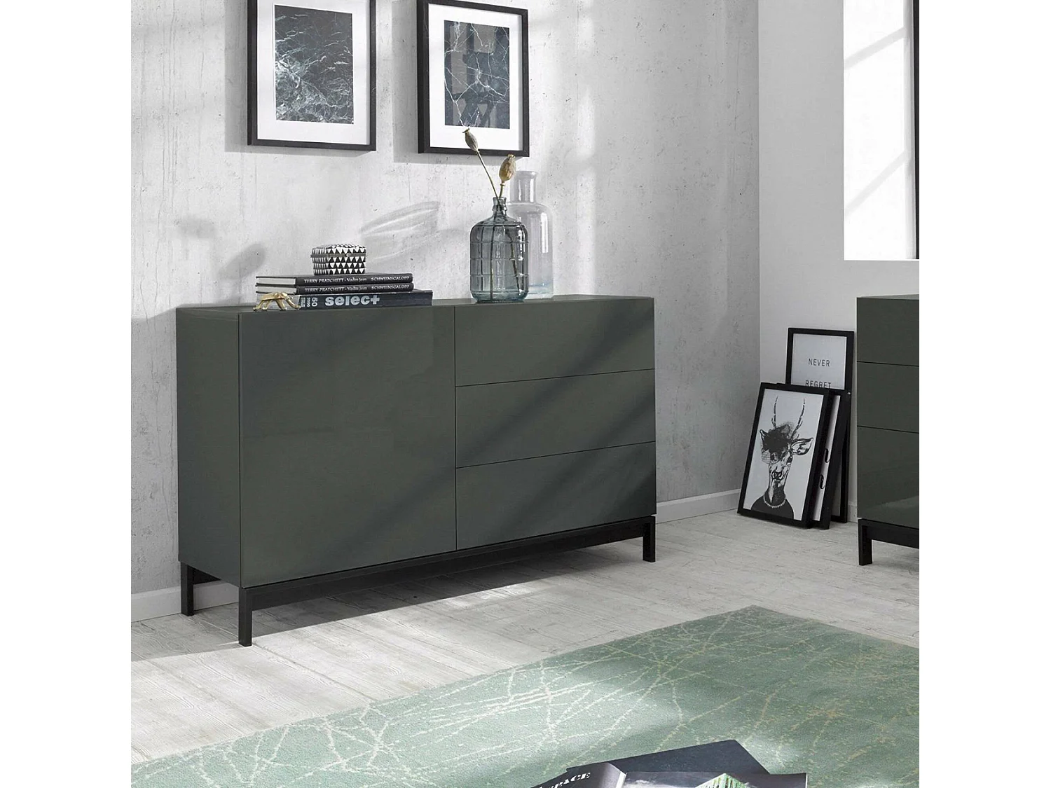 Dmazzi dressoir, Keukendressoir met 1 deur en 3 laden, Woonkamerbuffet, 100% Made in Italy, 110x40h47 cm, Glanzend antraciet