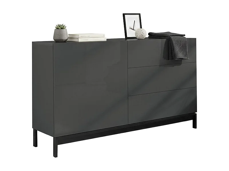 Dmazzi dressoir, Keukendressoir met 1 deur en 3 laden, Woonkamerbuffet, 100% Made in Italy, 110x40h47 cm, Glanzend antraciet