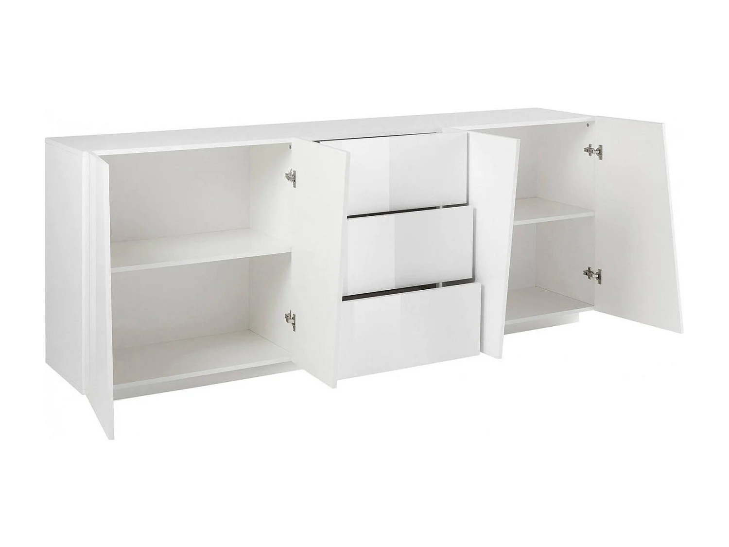 Aparador Dmicill, Aparador de cocina con 4 puertas y 3 cajones, Buffet de salón, 100% Made in Italy, cm 220x43h86, Blanco brillo