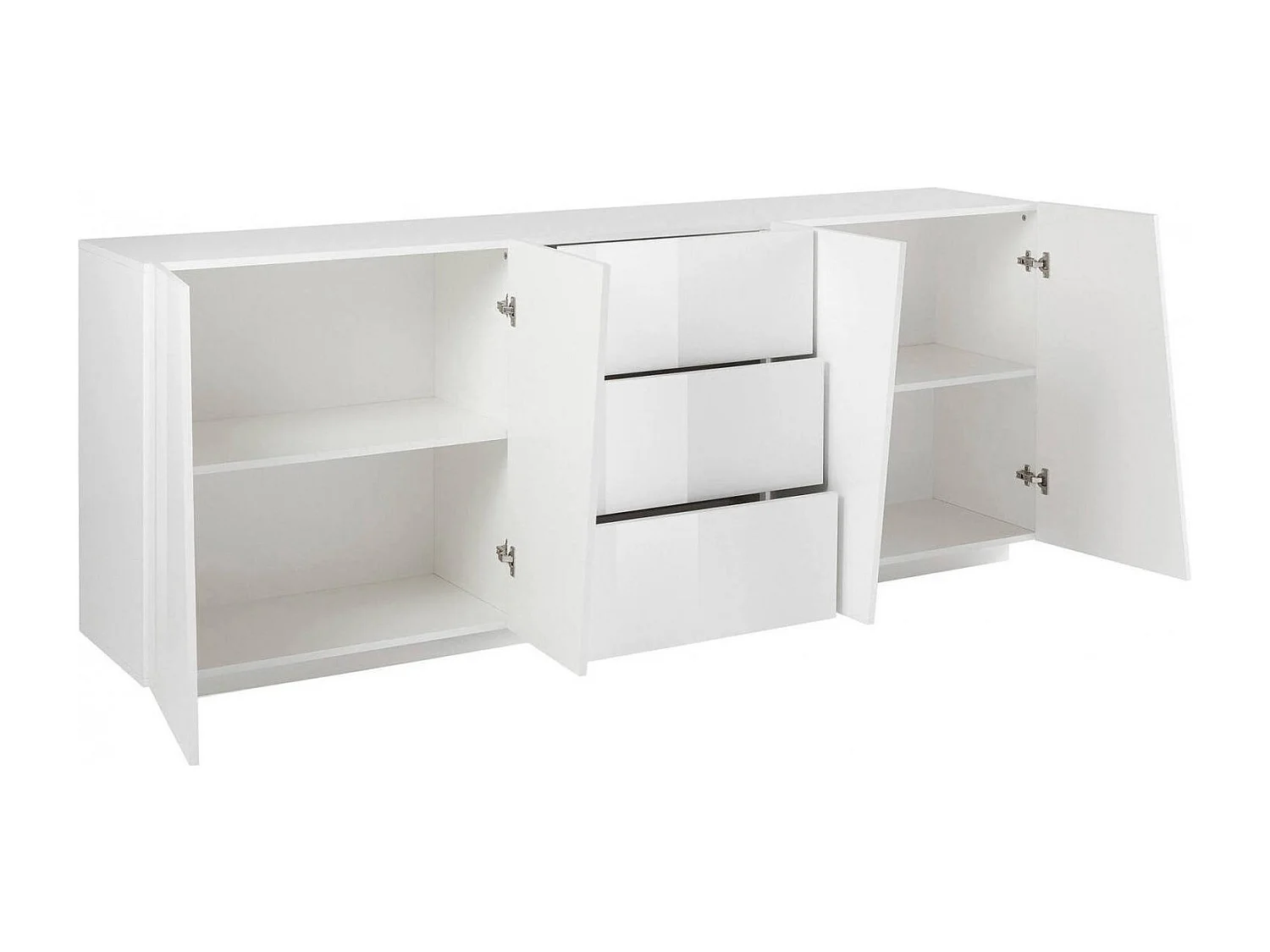 Aparador Dmicill, Aparador de cocina con 4 puertas y 3 cajones, Buffet de salón, 100% Made in Italy, cm 220x43h86, Blanco brillo