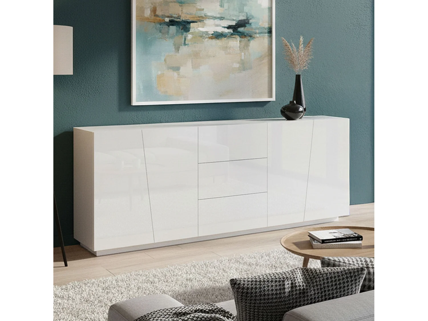 Buffet Dmicill, Buffet de cuisine avec 4 portes et 3 tiroirs, Buffet de salon, 100% Made in Italy, 220x43h86 cm, Blanc brillant