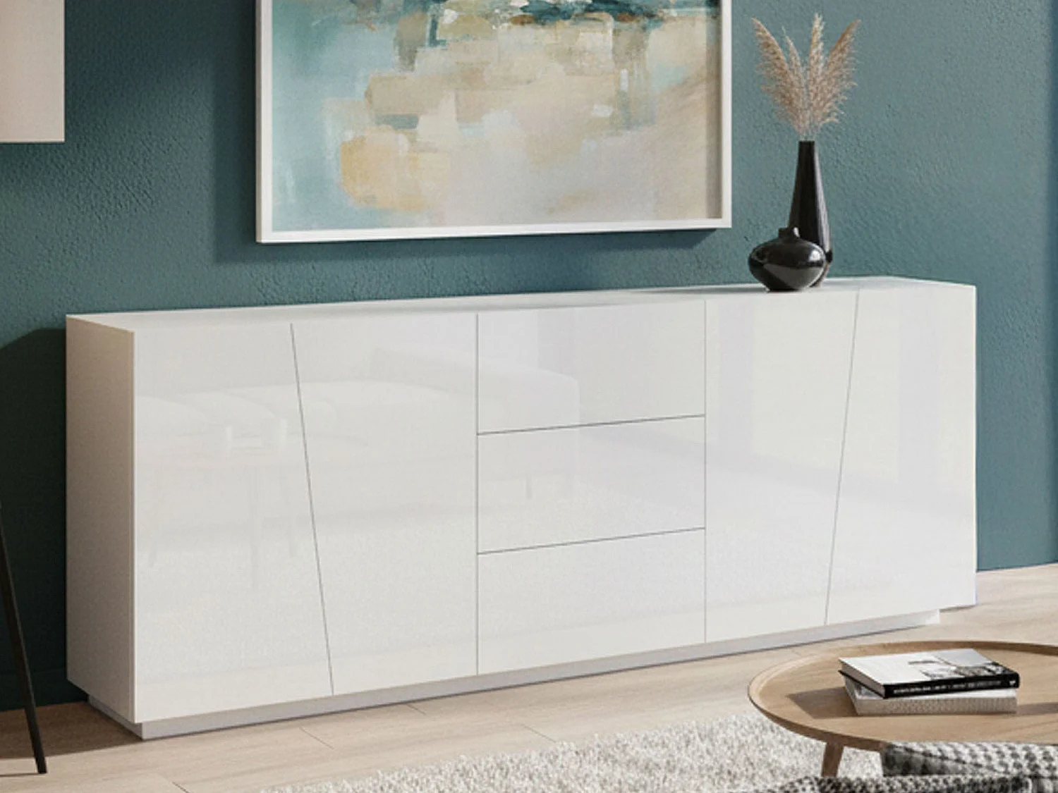 Buffet Dmicill, Buffet de cuisine avec 4 portes et 3 tiroirs, Buffet de salon, 100% Made in Italy, 220x43h86 cm, Blanc brillant