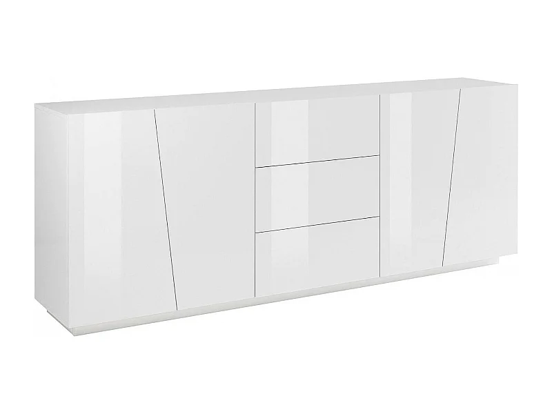 Buffet Dmicill, Buffet de cuisine avec 4 portes et 3 tiroirs, Buffet de salon, 100% Made in Italy, 220x43h86 cm, Blanc brillant