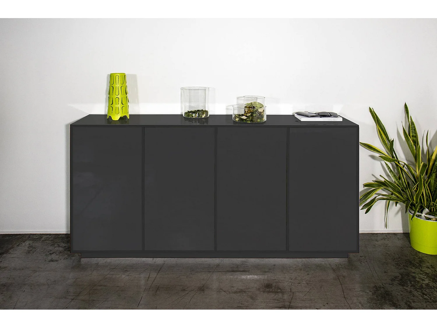 Dnande dressoir, 4-deurs keukendressoir, Woonkamerbuffet, 100% Made in Italy, 180x41h86 cm, Glanzend antraciet