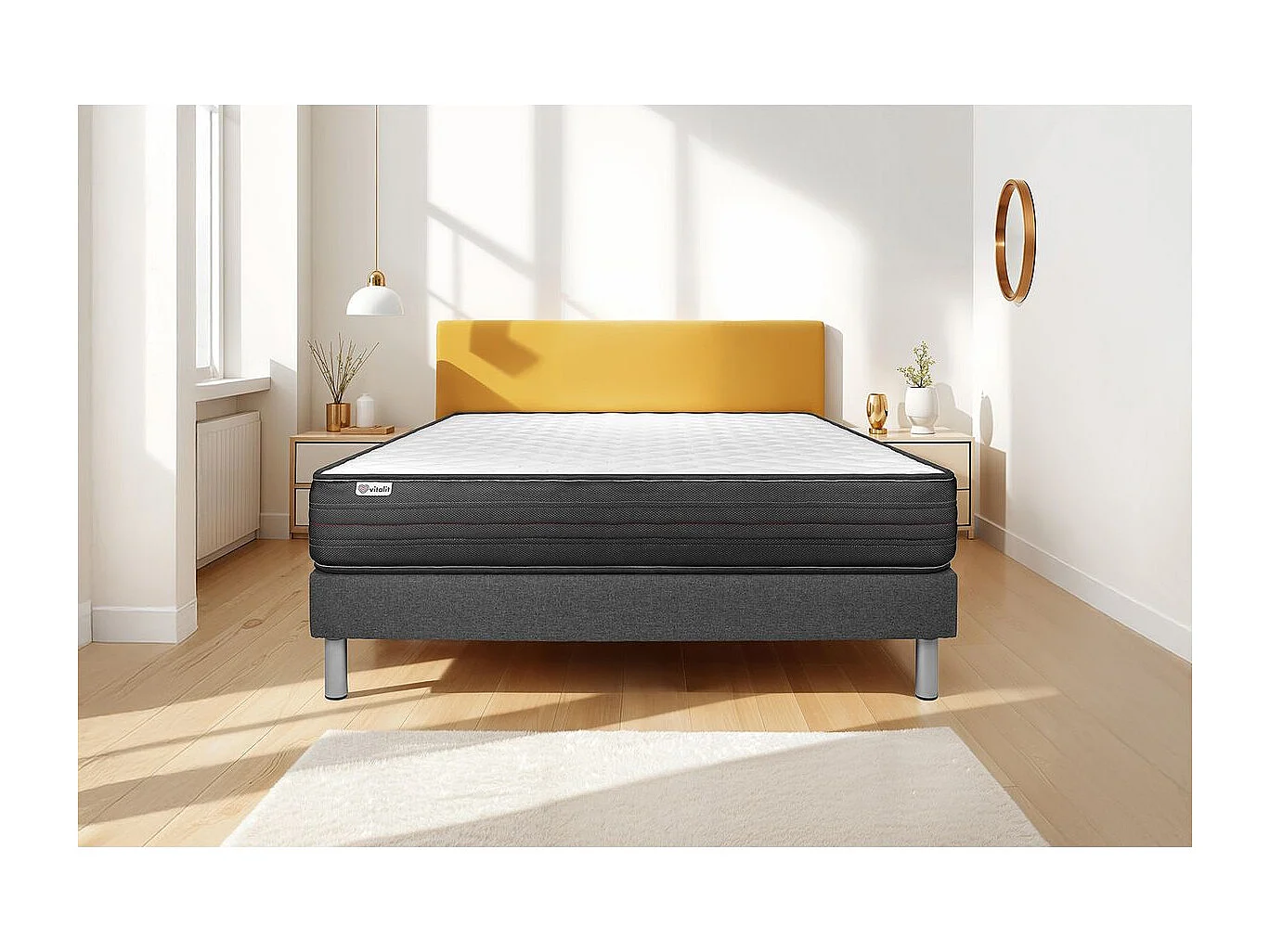 Conjunto de estrado gris + Colchão VITALIT VITALPOWER ( 200 x 200 cm - Espuma viscoelástica )